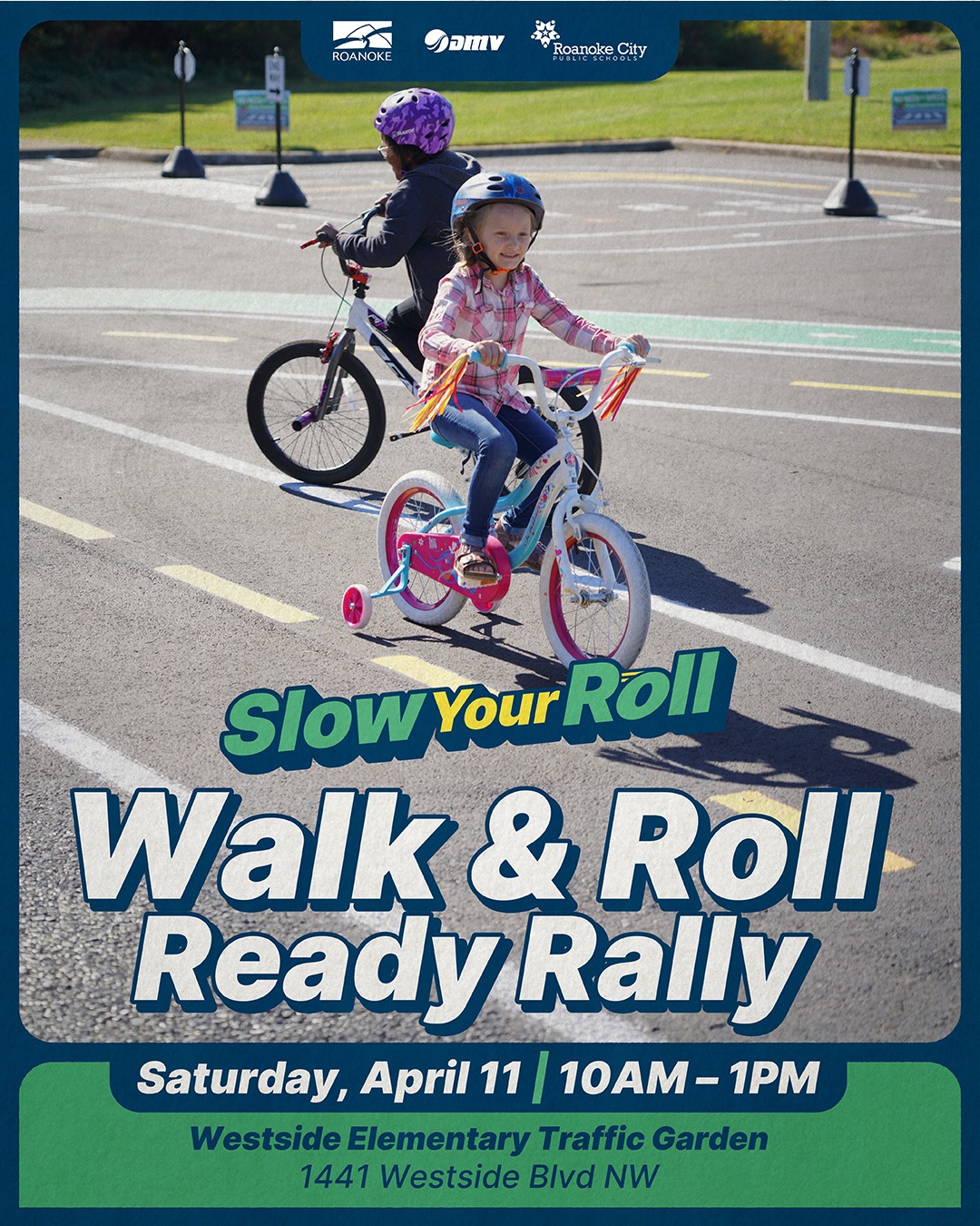 📅Join us on Saturday, April 11 (10 AM–1 PM) at the Westside Elementary Traffic Garden for a free Walk & Roll Ready Rally for elementary students and their families. At this free event you families can experience:
🚲· Helmet fittings & bike checks
🚦· Hands-on traffic safety activities
🚧· Guided practice in the traffic garden
🎨· Fun, creative stations for kids
✍· Information about Walk and Bike to School Day for caregiver
We can't wait to see you there!