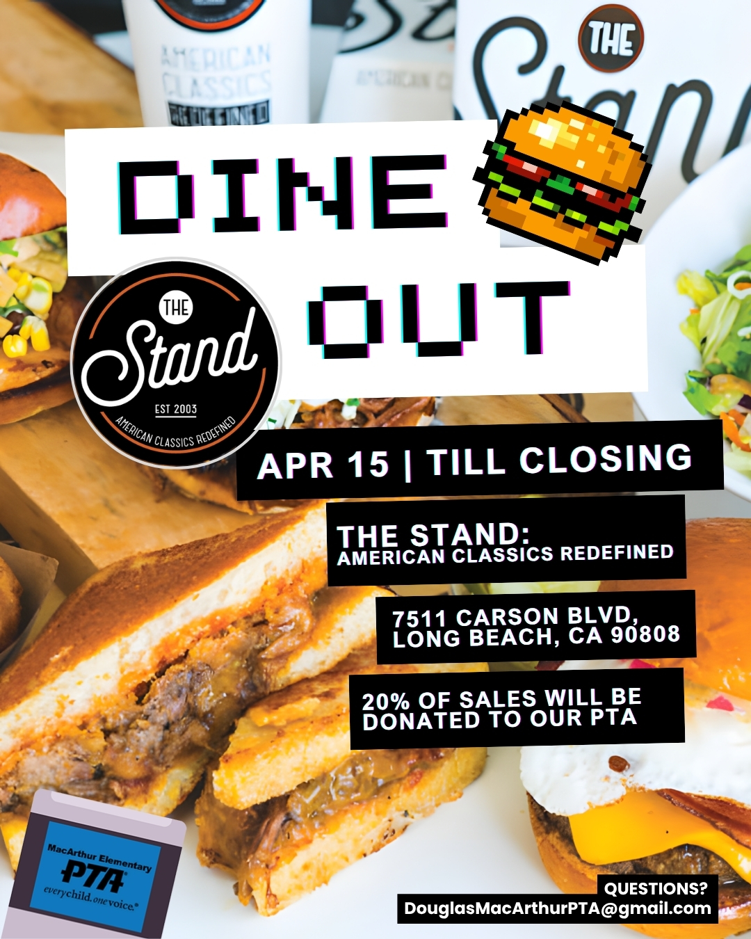 Burger Boss Battle: Dine Out at The Stand: American Classics Redefined and turn burgers, fries, and shakes into support for our school!
📍 The Stand
7511 Carson Blvd
Long Beach, CA 90808
📅 April 15
⏰ Open till closing
💥 20% of ALL SALES will be donated to our PTA
#GameOnMacArthur #MacArthurPTA #DineOut #TheStand #BurgerNight #SupportOurSchool #EaglePride #SchoolCommunity #MacArthurElementary