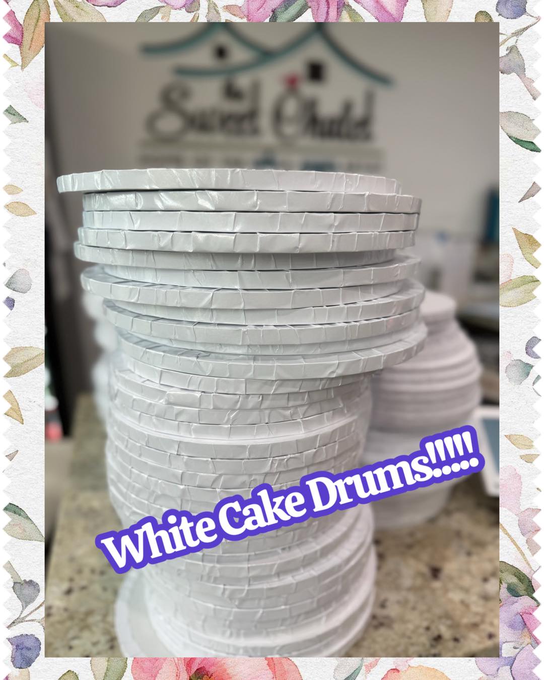 White Round Cake Drums BACK IN STOCK at TSCS!! 1/2” & 1/4” ! Limited quantities available! Come Shop today, Friday! Here until 6:30pm!