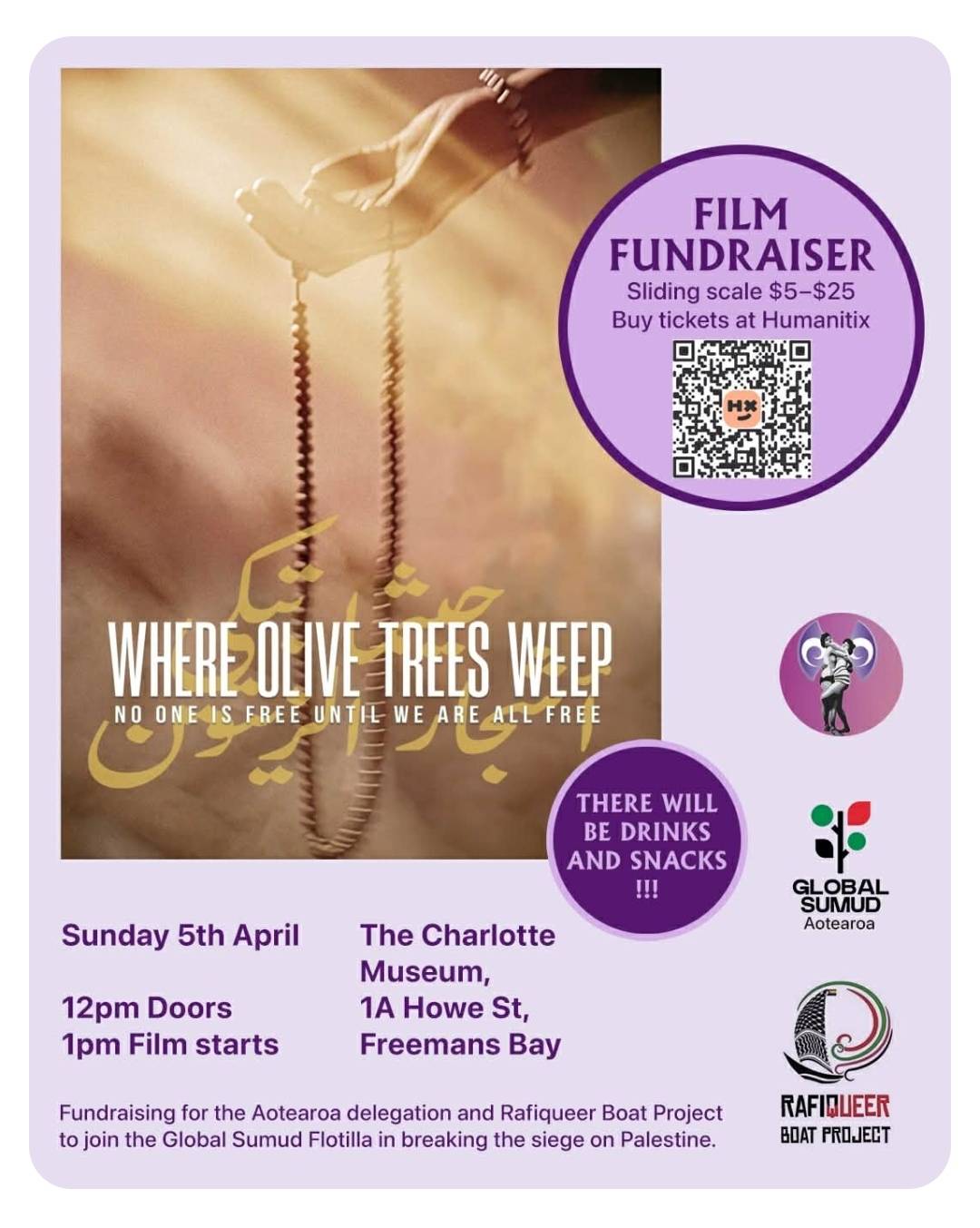 An opportunity to come together and show community support for @aotearoanz_globalsumud by fundraising for the Aotearoa delegation and @rafiqueer.project .
We'll be watching the 2025 documentary Where Olive Trees Weep.
Drink and snacks will be available.
Doors open at 12pm, film screens at 1pm.
Pay what you can sliding scale: $5 -$25
Tickets in bio
@rafiqueer.project @aotearoanz_globalsumud @tamakistreetmedics