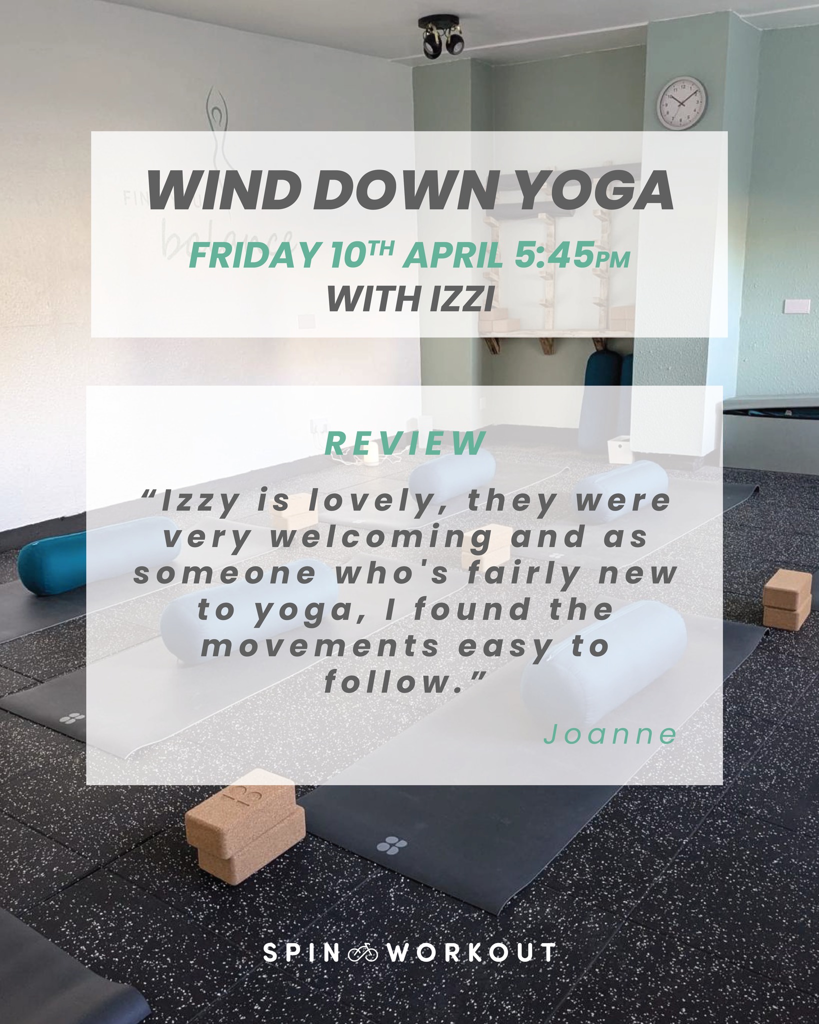 Wind down your week with Izzi 🧘♀️
Join us for Wind Down Yoga this Friday and ease into your evening with a calm, beginner-friendly flow designed to relax both body and mind.
🗓 Friday 10th April
🕔 5:45PM
📍 In The Studio at Spin And Workout, entrance located off Lampmead Rd.
Here’s what one of our clients had to say after Izzi’s last class 💬
“Izzy is lovely, they were very welcoming and as someone who’s fairly new to yoga, I found the movements easy to follow.” – Joanne
Whether you’re new to yoga or just looking to slow things down, this is the perfect session for you
Spaces are limited, book your spot now via the website or Mindbody app
#WindDownYoga #FridayFlow #YogaForAll #RelaxAndRestore #SpinAndWorkout