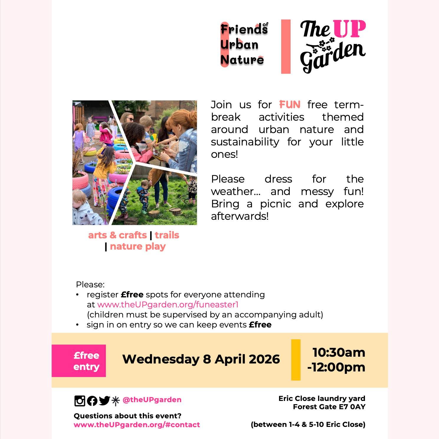 Need a £free half-term activity for your little one? We got you!
Join us for FUN: urban nature-themed activities, fresh air, make friends, explore #theUPgarden... bring a picnic for after!
£FREE entry but please book spaces to help with resourcing http://theupgarden.org/funeaster1