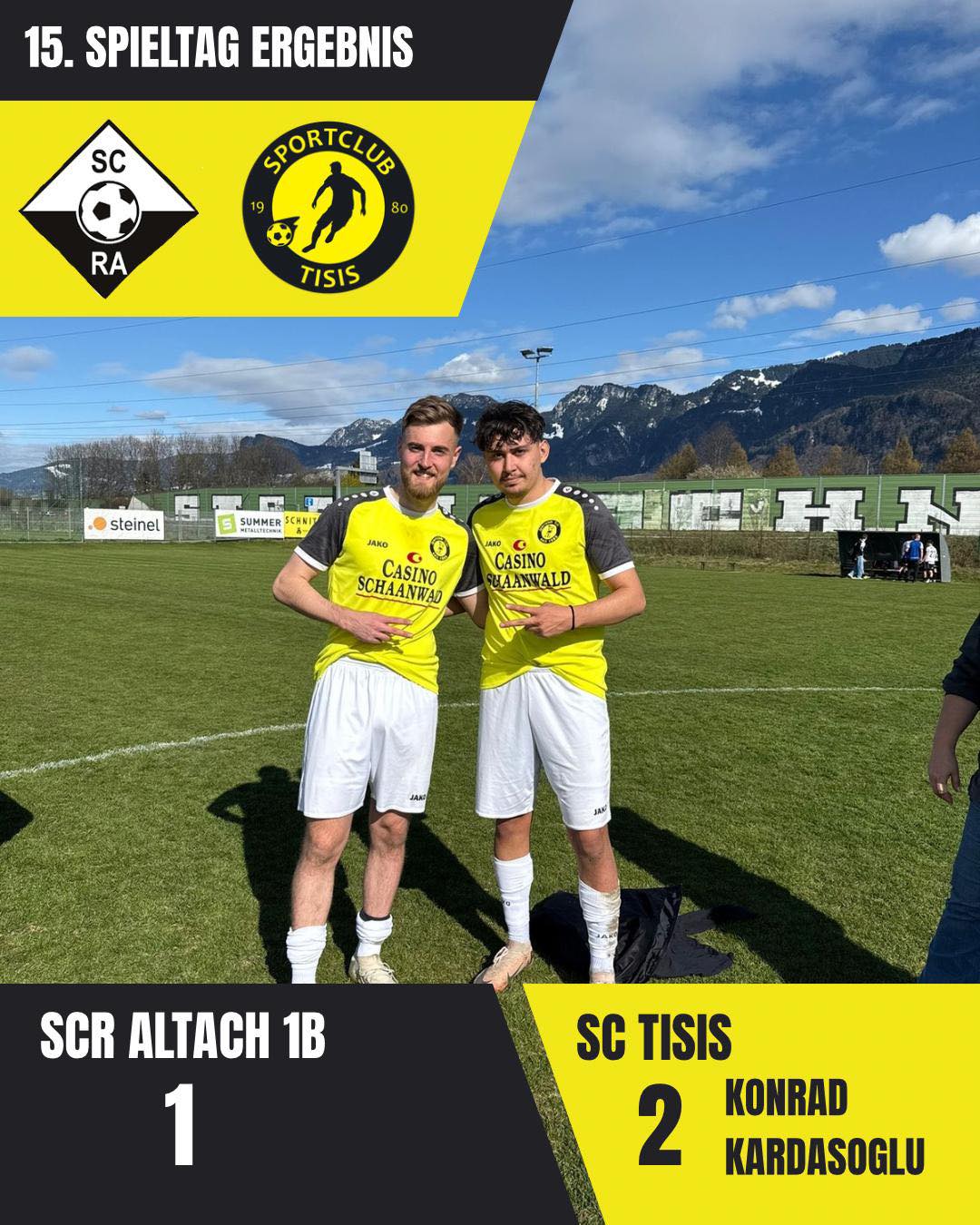 🖤💛 ERGEBNIS 💛🖤
Unsere Kampfmannschaft zeigt Moral und holt sich auswärts in Altach einen späten 2:1-Sieg gegen den SCR Altach 1B! 🔥⚽️🖤
Mit zwei sicher verwandelten Elfmetern durch Konrad und Kardasoglu legen wir den Grundstein – und holen uns am Ende verdient den Sieg! 💪🖤
Unsere 1B musste sich dem SCRA Altach Future Team leider mit 0:4 geschlagen geben. Kopf hoch, weiter geht’s! 💪🖤
#gemeinsamstark #sctisis #ergebnis #auswärtssieg #fußballliebe #vereinsliebe