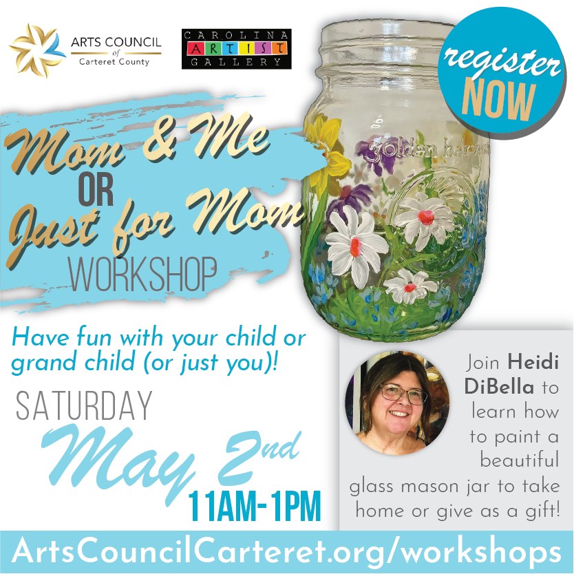 📢 NEW WORKSHOP ALERT! 📢 Join instructor Heidi DiBella and learn to paint a glass mason jar 🎨🖌️
Come join us with your child, grandchild or just yourself for an introduction to glass painting. Enjoy a Mimosa Mocktail as she guides you through the steps of transforming an ordinary mason jar into a beautiful keepsake. Every budding glass artist gets to take home their own glass vase.
All supplies will be included and all ages are welcome!
*When: Saturday, May 2 (11:00am to 1:00pm)
*Cost: $15 per student (supplies included)
*Where: ACCC Arts Center, 1702 Arendell Street
*Sign-up/More Info: ArtsCouncilCarteret.org/workshops
#artscouncil #artworkshop #carteretcountyarts #crystalcoast #diyart #learntopaint #exploreart #paintwithmom #momandme #artwithmom