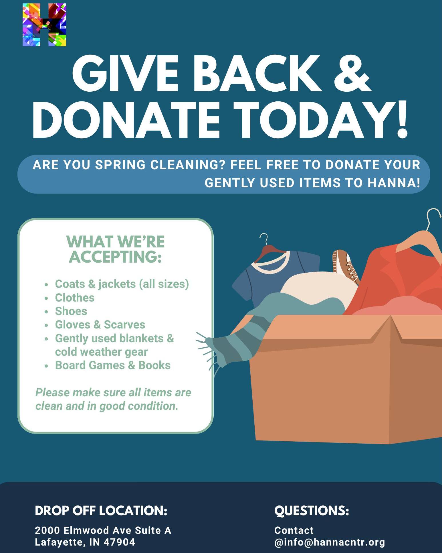 Are you spring cleaning? Consider donating some of your gently used items to Hanna!
We are accepting clothes, shoes, gloves, hats, etc.! #springcleaning #hanna