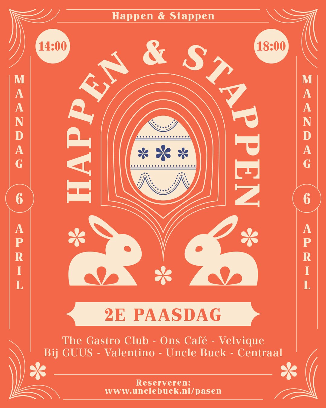 ๐ฃ Het paasweekend is aangebroken en we maken maandag goed gebruik van die extra vrije dag met happen & stappen in Someren! ๐ฐ
The Gastro Club, Ons Cafรฉ, Velvique, Bij GUUS, Valentino, Uncle Buck en Centraal zorgen voor de lekkerste hapjes.
Bij elke locatie krijg je een verrassend gerechtje. In welke volgorde en het tempo waarmee je langs de locaties gaat mag je zelf bepalen. Een lekker ongedwongen start van je week dus. ๐
Het happen & stappen is van 14:00 tot 18:00 uur en โฌ27,50 p.p. (excl. drank). Reserveren kan op www.unclebuck.nl/event-details/2e-paasdag-happen-stappen