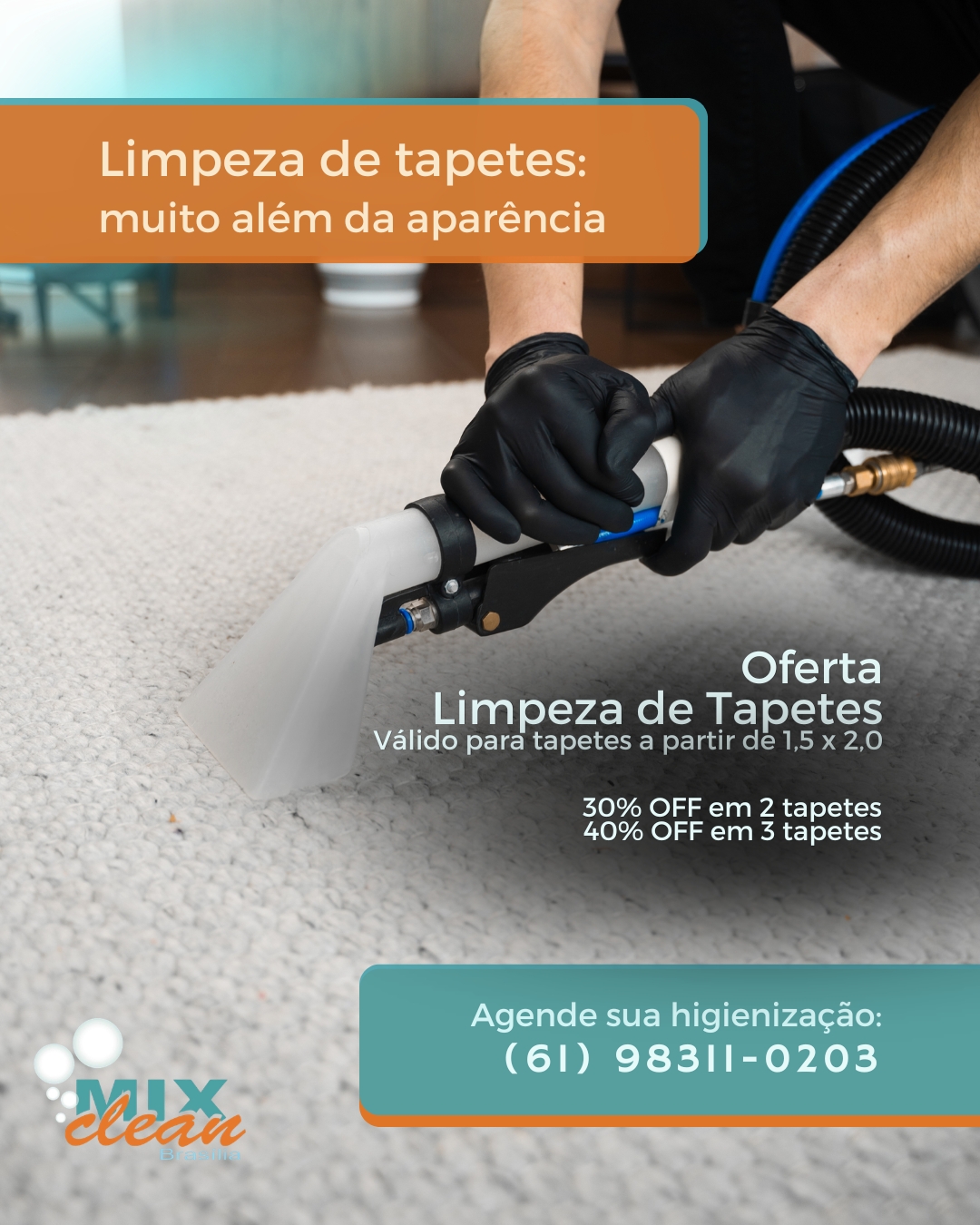✨ Limpeza de tapetes: muito além da aparência
Seu tapete pode até parecer limpo… mas e o que está escondido nas fibras? 👀
Com o tempo, ácaros, bactérias e sujeiras profundas se acumulam, afetando não só a estética, mas também a saúde do seu ambiente. A higienização profissional vai além da superfície: ela elimina impurezas invisíveis, neutraliza odores e devolve o conforto que seu lar merece. 🧼💙
E o melhor: agora você ainda aproveita condições especiais!
✔️ 30% OFF na limpeza de 2 tapetes
✔️ 40% OFF na limpeza de 3 tapetes
Mais economia, mais cuidado e muito mais bem-estar para sua casa.
📲 Agende agora sua higienização: (61) 98311-0203
Mix Clean Brasília — tecnologia, cuidado e resultado que você sente no dia a dia. ✨