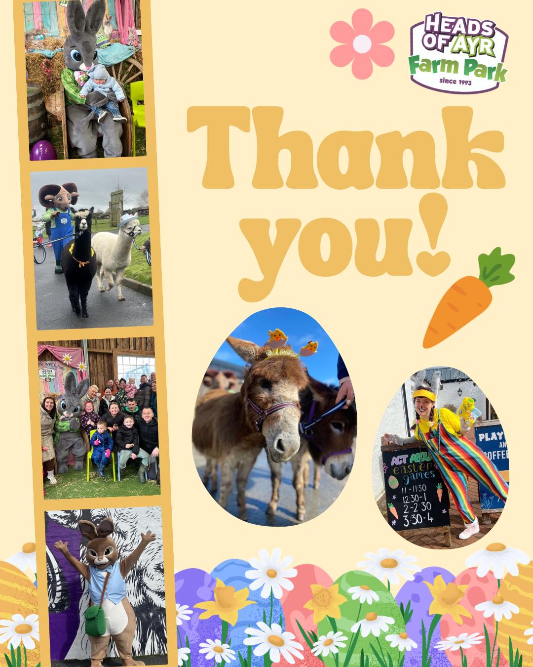 Easter weekend... Completed! ✅
Thank you SO much to everyone who visited us this Easter weekend! Whether you visited in rain or shine, your time spent with us is truly appreciated and we hope you had a great visit. 🥰
If you got any good pics or videos from your visit, we would love to see them! Share them with us in the comments, tag us, or use the hashtag #headsofayrfarmpark. 🐰💜📸
#easterbunny #easterweekend #headsofayr #ayrshire #glasgow