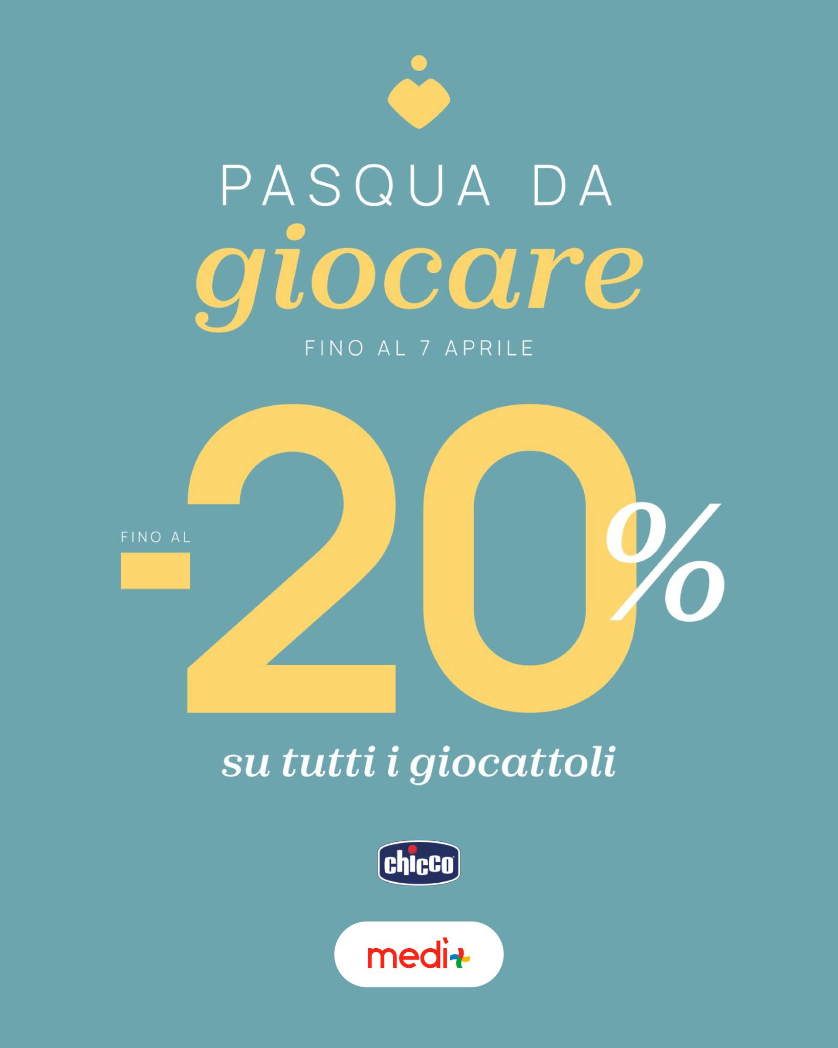 Pasqua da giocare: la magia del divertimento a un prezzo speciale 🤍
Fino al 7 aprile, approfitta della promozione esclusiva Chicco presso il punto vendita Medi+
Sconti fino al 20% su tutti i giocattoli.
È l'occasione perfetta per scegliere il regalo ideale e rendere le festività dei più piccoli ancora più allegre.
Ti aspettiamo in store per scoprire tutta la selezione !