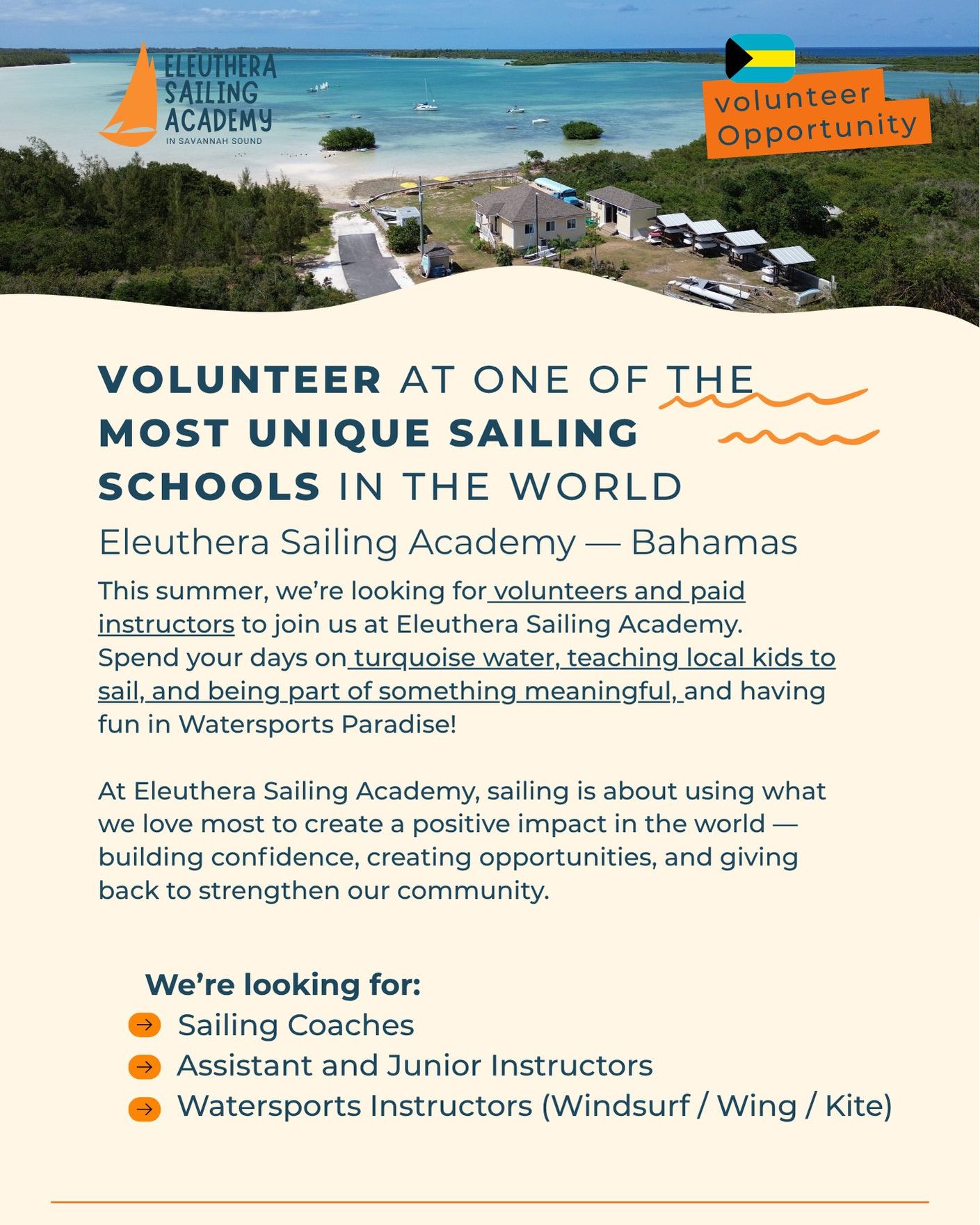 Spend your summer on the water — and make a real impact. ⛵🌊
This summer, Eleuthera Sailing Academy will be running Summer Sailing Camps for local kids, and we’re looking for volunteers and instructors to join us.
Whether you're visiting Eleuthera for a few days or looking to spend your summer in the Bahamas, you’re welcome to be part of the experience. Help teach sailing, support watersports programs, and contribute to something meaningful — all in one of the most beautiful sailing locations in the world.
Come sail. Come teach. Come make a difference.
Come @makethemsailors
Do you know someone who would love this? Tag them below 👇
📩 Contact us for more information
+1 (242) 829 2323
eleutherasailingacademy@gmail.com
