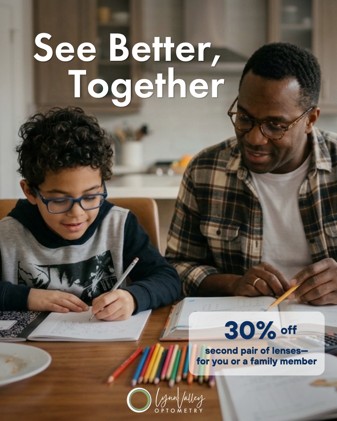 This April, we’re making it easier to take care of your vision—and theirs. Enjoy 30% off a second pair of lenses, now extended to a family member.
Work with our opticians to find the right lenses for you, and your family.
#lynnvalleyoptometry #familyeyedoctor #northvanstyle