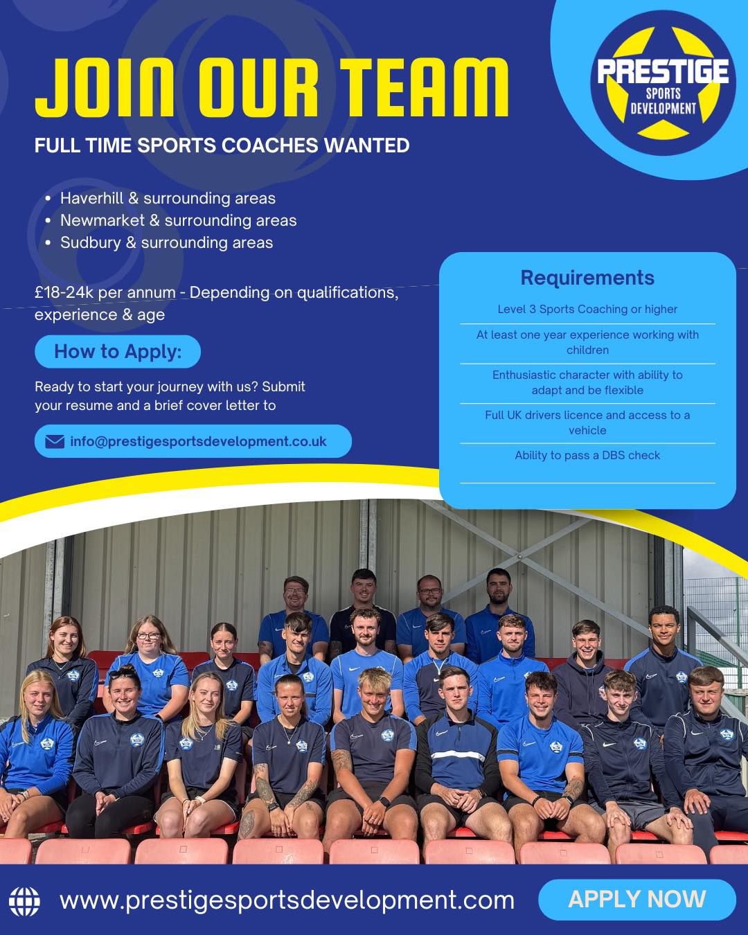 ๐ฃ WE ARE HIRING SPORTS COACHES!
Prestige Sports have some Full Time positions available!
Our main positions are based in Haverhill & the surrounding areas AND Newmarket & the surrounding areas.
Pay ranges from ยฃ18-24k per annum depending on age, experience, qualifications etc.
We are looking for enthusiastic people with bundles of character, you must be able to drive and have access to a vehicle and you will have experience coaching/teaching in Primary Schools.
The role will include delivering inspiring sports and activity clubs and teaching PE. Thereโs also a chance to work on our Mega Activity Camps in the school Holidays.
If this role interests you we would love to hear from you! If you know anyone who might be suitable please tag them ๐
For more info or to apply - please email info@prestigesportsdevelopment.co.uk
๐ก๐๐ต