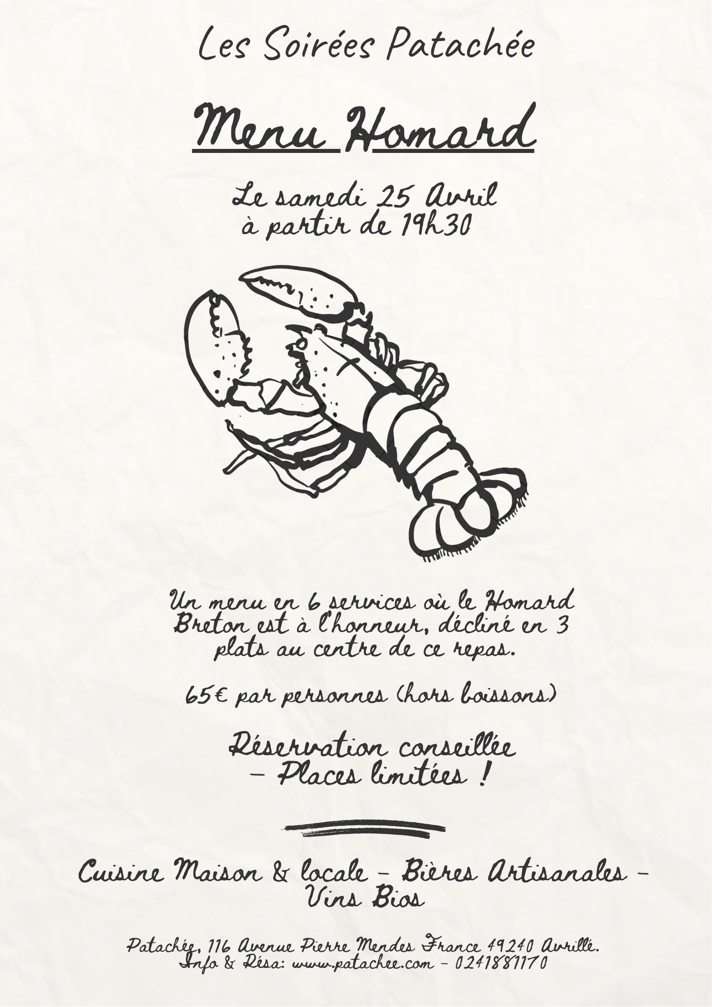 🦞✨ LE RETOUR DES SOIRÉES PATACHÉE ✨🦞
Après une première édition depuis septembre qui vous a régalés… on remet ça 😍
Les Soirées Patachée sont de retour, et cette fois encore, le homard est à l’honneur !
📅 Samedi 25 Avril
🕢 À partir de 19h30
🍽️ Un menu en 6 services autour du homard breton, décliné en plusieurs plats pour une expérience gourmande et généreuse.
💶 65 € par personne (hors boissons)
🔥 Places limitées – réservation fortement conseillée !
Une soirée comme on les aime : cuisine maison, produits locaux, bons vins et bières artisanales… le tout dans une ambiance conviviale 💛
📞 Réservations dès maintenant !
#SoiréePatachée #MenuHomard #FoodEvent #Restaurant #CuisineMaison #Homard #Sortir #Patachée #Restaurant #foodangers #restaurantangers #avrillé