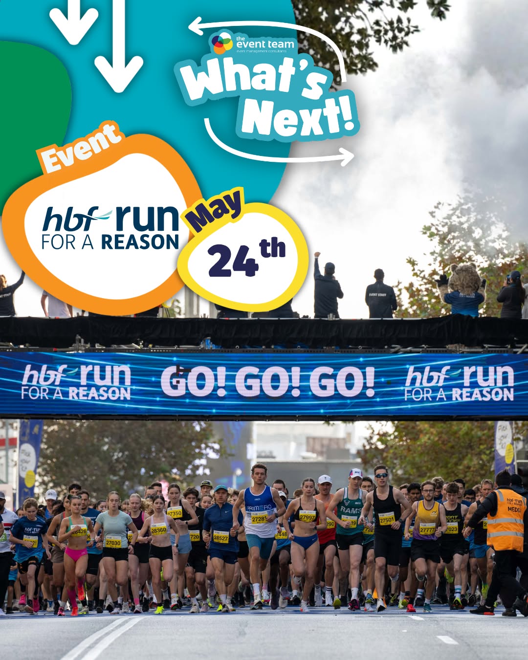 What’s Next?
Three incredible events done and dusted… now onto our biggest (and arguably our favourite).
HBF Run for a Reason 2026.
With over 40,000 participants, it’s WA’s largest community sporting event and the third largest fun run in Australia. Since 2010, The Event Team has proudly worked alongside HBF to grow it into what it is today.
From approvals and compliance to course delivery, traffic, contractors, risk, security, medical, transport, volunteers and workforce and more — we deliver every operational aspect.
It’s a massive job… and we love every second of it.
Bring on 2026.