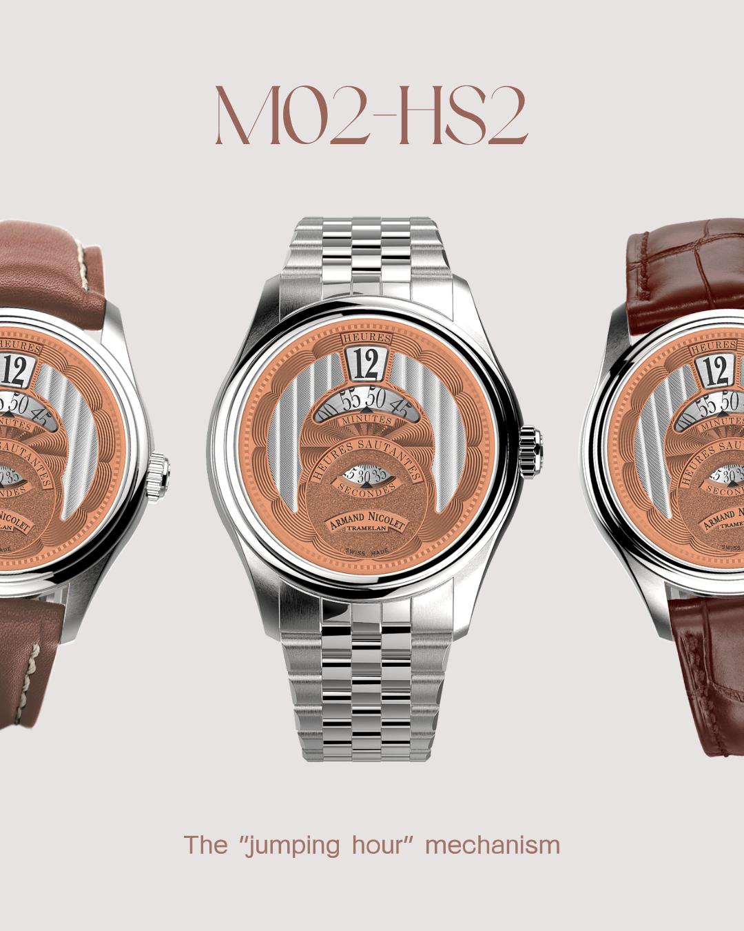 The new M02 HS2 Saltarello tells time through a unique language.
Its elegant dial showcases the charm of the “jumping hour” mechanism, where the hours reveal themselves with a sudden and surprising movement.
A perfect balance between watchmaking technique and contemporary design.