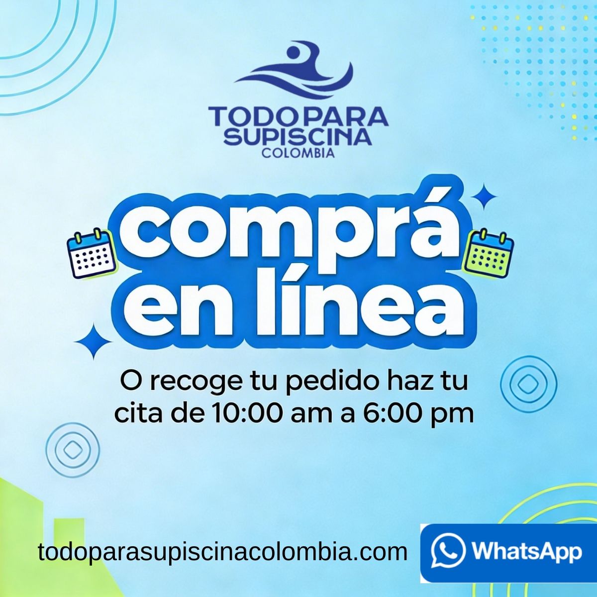 Recuerda que puedes pagar tu pedido contra entrega🛍️
Envío rápido a nivel local y nacional.
Compra con confianza🤗, www.todoparasupiscinacolombia.com
Realiza tu pedido aquí, 319 508 9763 ☎️
https://wa.me/573195089763
Te ofrecemos productos de la más alta calidad a precios inigualables🤽♀️
¿No encuentras lo que buscas,
¿Cómo podemos ayudarte?💙