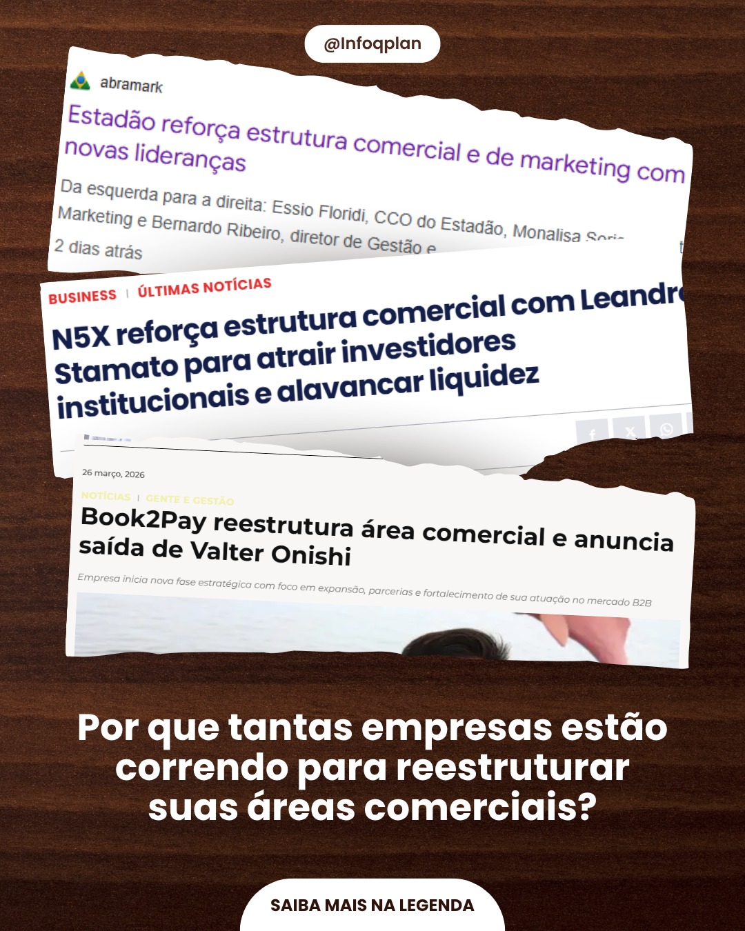 Nos últimos meses, grandes empresas têm feito movimentos claros de reorganização comercial — e isso não é por acaso.
Um exemplo recente é o do Estadão, que anunciou a ampliação da sua estrutura comercial e de marketing com a chegada de novos executivos. O objetivo? Ganhar eficiência, integração e mais capacidade de gerar receita em um mercado cada vez mais competitivo.
Esse movimento revela algo importante: crescer hoje não depende só de vender mais… depende de vender melhor, com estratégia e previsibilidade.
🔎 O que está por trás dessas reestruturações?
✅ Integração entre marketing e vendas
✅ Uso mais inteligente de dados
✅ Processos comerciais mais claros e escaláveis
✅ Foco na experiência e jornada do cliente
⚠️ Empresas que ignoram isso acabam presas em ciclos de tentativa e erro, com vendas inconsistentes e dificuldade de crescimento. Estrutura comercial não é luxo de grandes empresas — é base para qualquer negócio.
Toda empresa que busca crescer de forma sólida precisa parar de depender apenas de esforço e começar a operar com processo, inteligência e direção estratégica.
🤑 Estrutura Comercial Inteligente para Crescer Sempre! Acesse www.infoqplan.com e conheça a arquitetura de funil de vendas que vai estruturar seu negócio e trazer mais lucro para a sua empresa.