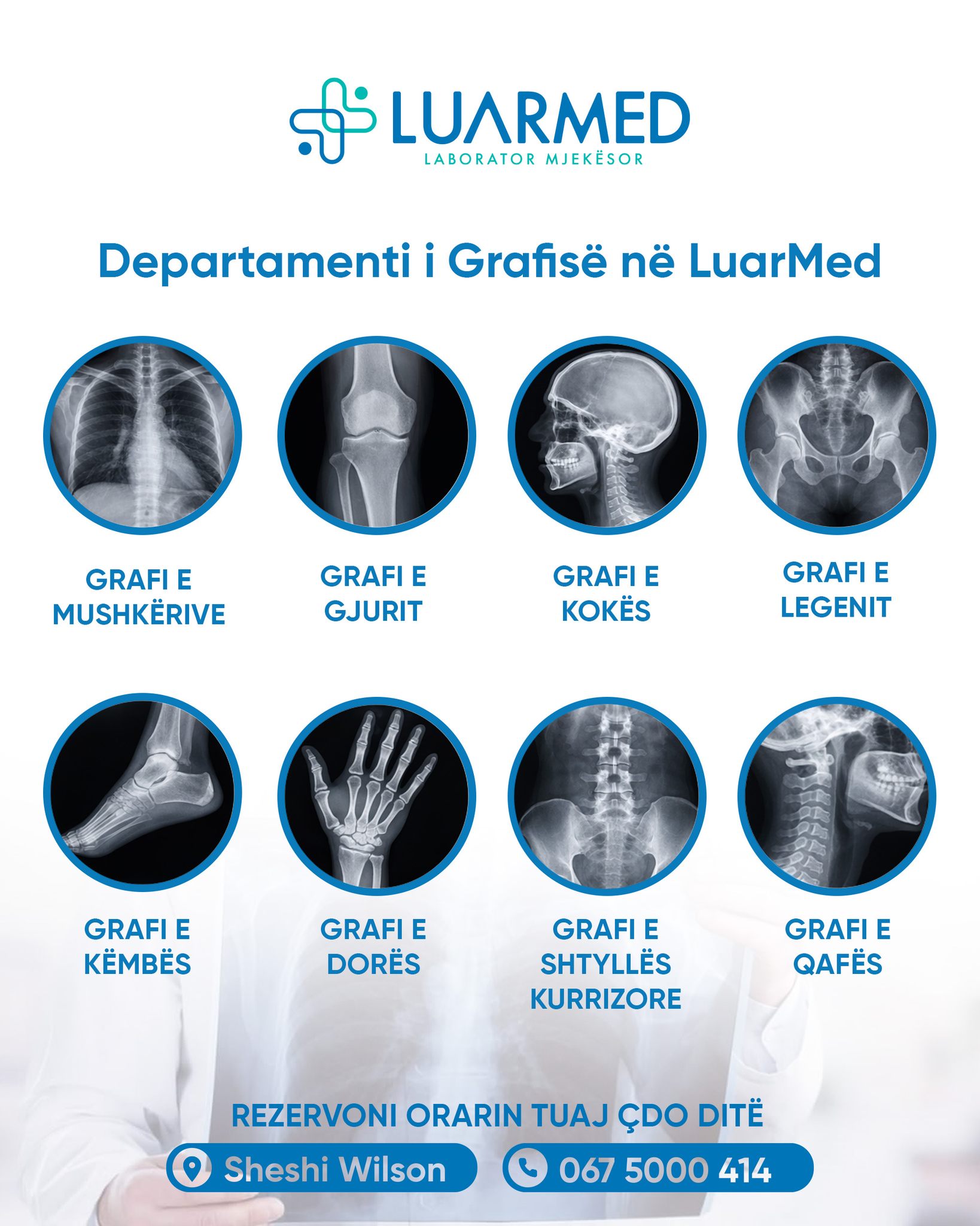 Departamenti i Grafisë në LuarMed ofron ekzaminime radiologjike të kryera me profesionalizëm, saktësi diagnostike dhe standarde të larta të kujdesit mjekësor.
Shërbimet tona përfshijnë grafi të mushkërive, gjurit, kokës, legenit, këmbës, dorës, shtyllës kurrizore dhe qafës, duke mbështetur vlerësimin klinik dhe diagnostikimin e një game të gjerë patologjish dhe traumash.
Me fokus te cilësia e imazherisë, interpretimi i kujdesshëm dhe shërbimi i shpejtë, LuarMed është pranë jush për ekzaminime të besueshme dhe efikase.
Rezervoni orarin tuaj çdo ditë.
📍 Sheshi Wilson
📞 067 5000 414
#LuarMed #Radiologji #Grafi #Diagnostikim #EkzaminimRadiologjik