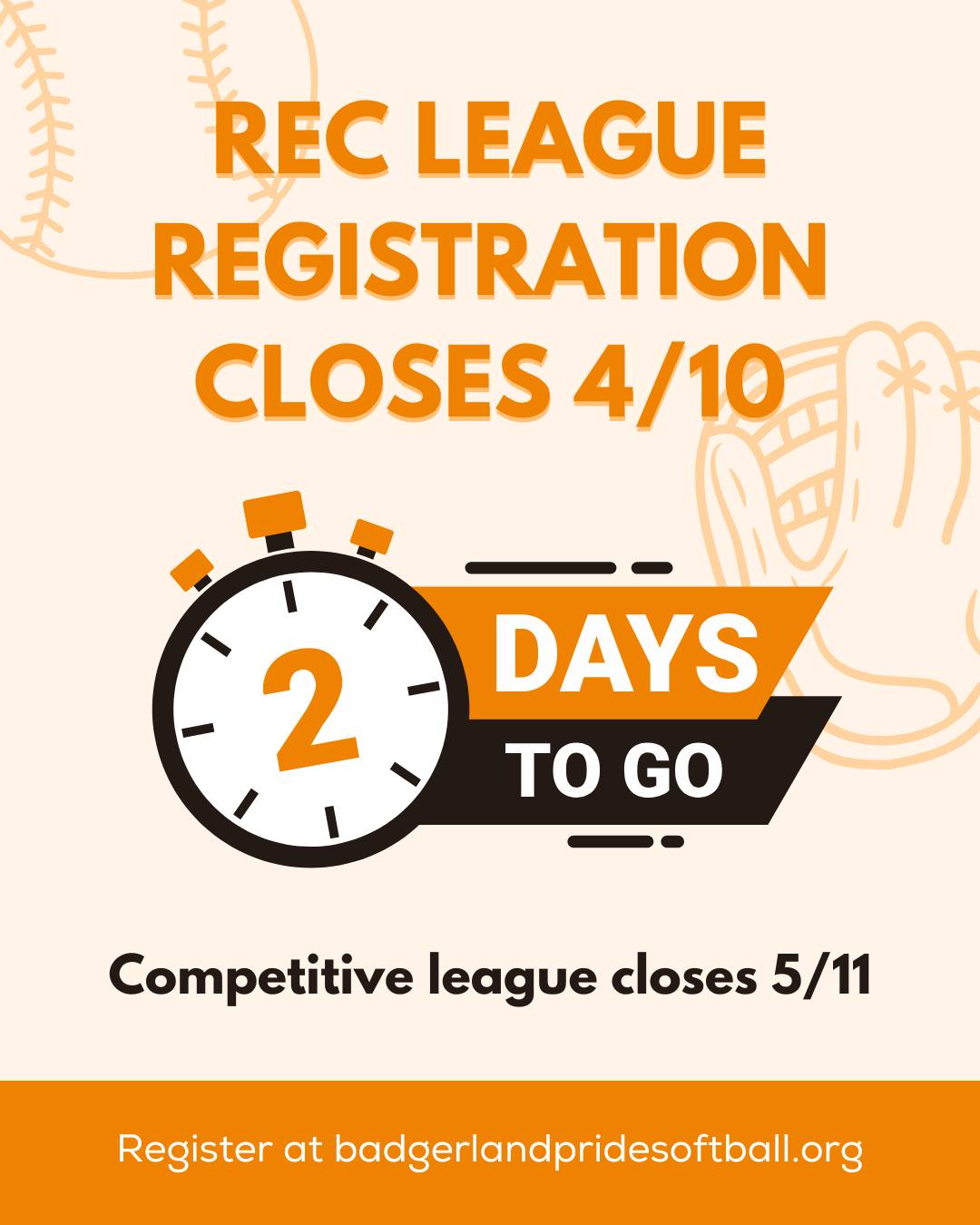 April 10th is the final day of registration for our recreational league! 🥎 This is the LAST day to guarantee you get a t-shirt! ‼️
Competitive league registration closes 5/11 🗓
Register at badgerlandpridesoftball.org 📝