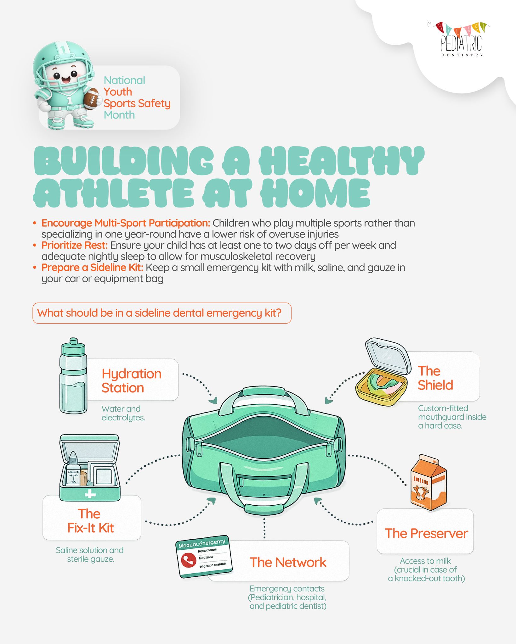 Healthy athletes are built at home, one routine at a time. 💪🦷
Good sleep, hydration, rest days, balanced meals, and a little planning can go a long way — especially when it comes to preventing sports injuries and protecting growing smiles.
A simple sideline dental kit is a smart thing for every sports parent to keep nearby.
#HealthyAthlete #SportsParentTips #PediatricDentistry #YouthSportsSafety #StuartPediatricDentistry