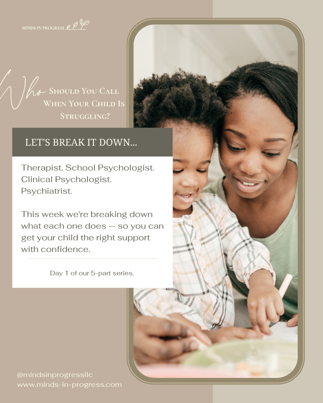Therapist. School psychologist. Clinical psychologist. Psychiatrist.
If you've ever stared at that list and thought "...what's the difference?"...this week is for you. 💙
When your child is struggling, knowing who to call first can feel overwhelming. We're breaking it all down this week so you can advocate for your child with clarity and confidence.
Day 1 of 5. Save this series so you don't miss it. 🌱
#ChildMentalHealth #ParentingSupport #KidsMentalHealth #MindsInProgress #StCharlesMO #StLouisMO