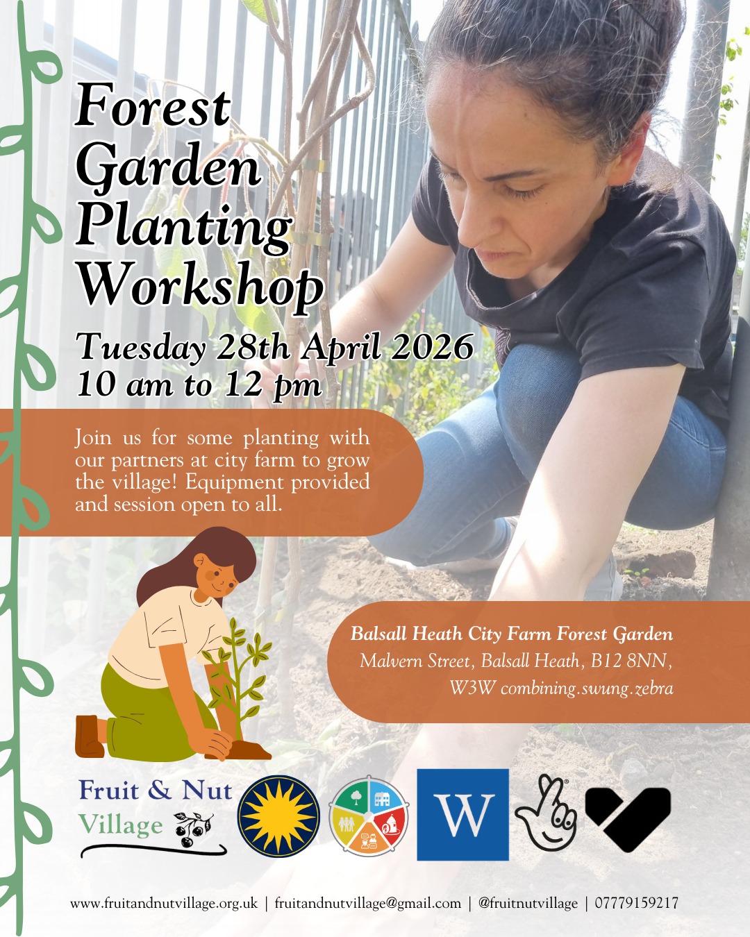 Forest Garden Planting Workshop
Tuesday 28th April 2026 | 10 am to 12 pm
Join us for some planting with our partners at city farm to grow the village! Equipment provided and session open to all.
@balsallheathcf Forest Garden - Malvern Street, Balsall Heath, B12 8NN, W3W combining.swung.zebra