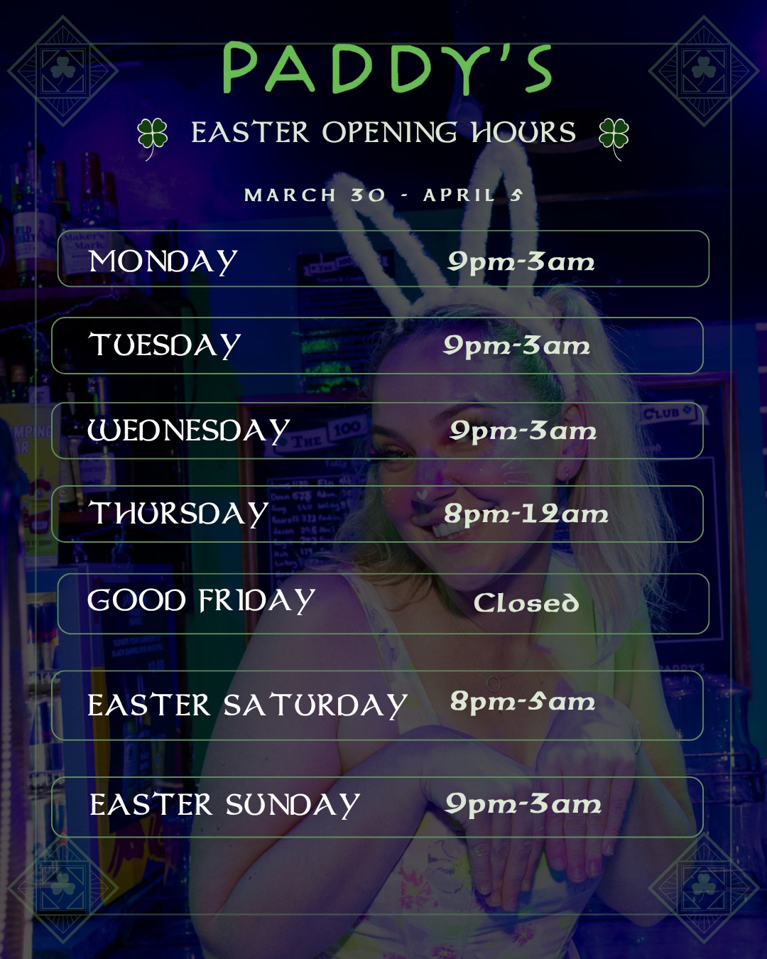 🐣 Here's everything you need to know about our Easter hours!
Big weekend ahead, don't miss it 🎉🍀
#EasterWeekender #PaddysShenanigans #AirlieBeach #EasterInAirlie #EasterHours #WhitsundayNightlife