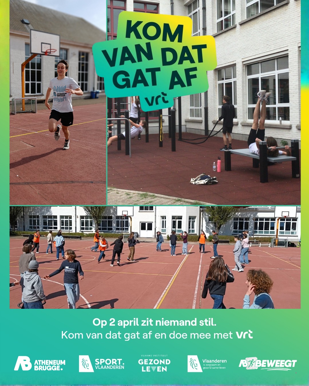 💪 Kom van dat gat af! Ook in Atheneum Brugge wordt sterk bewogen en die lijn trekken we morgen gewoon verder.
🗣️ Tijdens de middagpauze doen we aan wandelen en babbelen, waarbij de leerlingen Sportwetenschappen de rondjes turven en de leerlingenraad de deelnemers beloont. Wil je tijdens het wandelen ook even je frustraties of bezorgdheden kwijt? Onze Vibecheckers doen ook mee!
👕 Ga je morgen na school nog even bewegen met vrienden of collega's? Draag dan je Atheneum Brugge-sportkledij en maak daar een foto van. Stuur de foto's naar de leerkrachten LO en maak kans op een sportieve prijs!
🏓 Mag het nog wat actiever voor je? Neem dan deel aan het tafeltennistornooi tijdens de middagpauze! Alle informatie vind je op Smartschool.
🚴 Uiteraard blijven we de leerlingen aanmoedigen om met de fiets of te voet naar de school te komen, wat de overgrote meerderheid trouwens dagelijks doet!
🏃 Nog tot en met vrijdag kan je je trouwens inschrijven om onder de schoolvlag deel te nemen aan Dwars Door Brugge op zondag 10 mei!
🫶🏻 Je ziet het: AB beweegt. En daar zijn we fier op!
—
#ikbeneenatheneeër #fieroponsgo #samenlerensamenleven