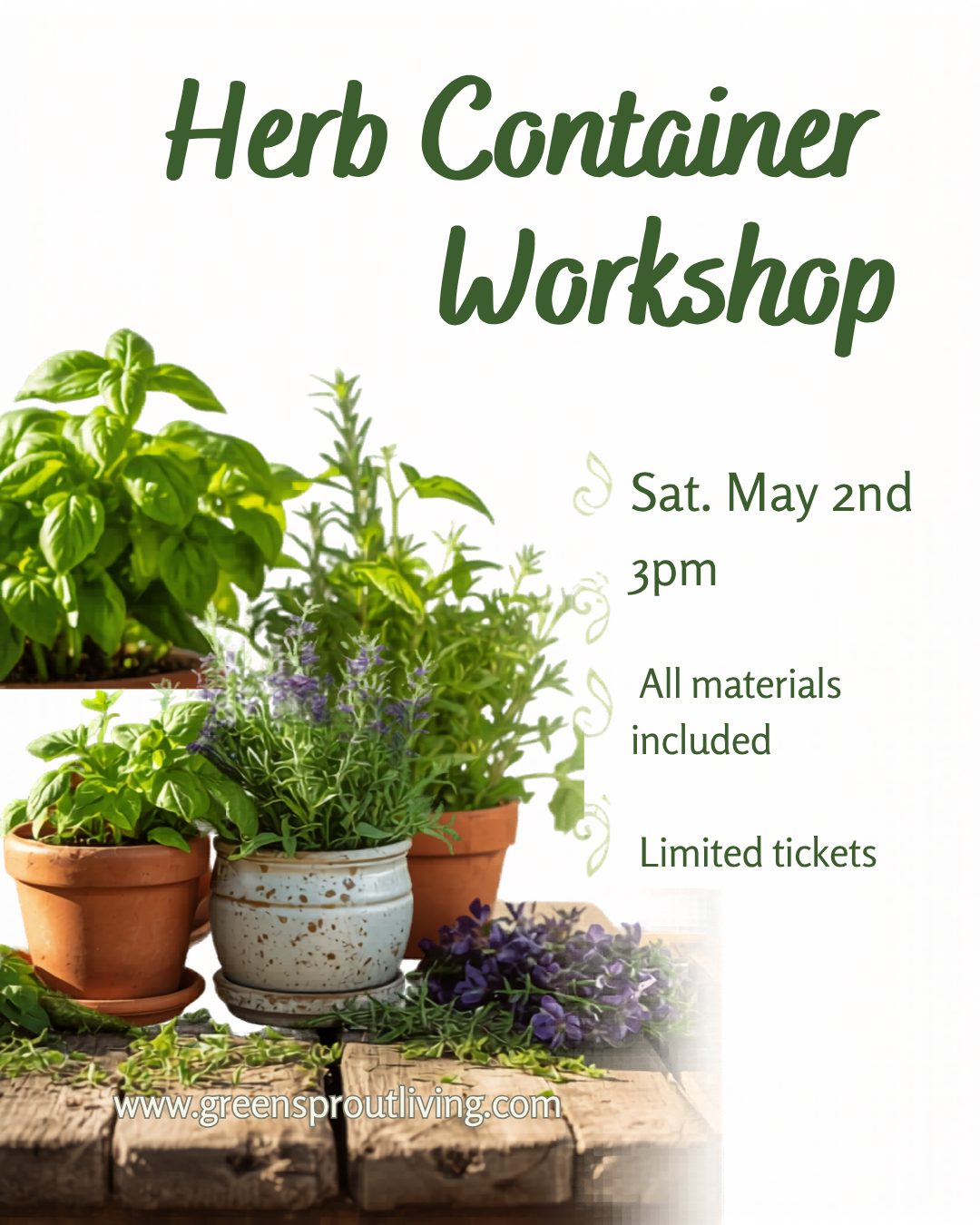 I want to welcome you to my garden!!
Come plant your very own mini herb garden 🌱
Choose from 3 delicious themes—Salsa, Kitchen, or Mediterranean—and leave with fresh herbs, recipe inspiration, and all the tips you need to grow + cook 🌱🍅🥗
Hurry—tickets are going fast! May 2 at 3 PM
https://www.greensproutliving.com/event-details/herb-garden-workshop
#HerbGarden #GrowYourOwn #FreshFlavors #HandsOnWorkshop #MiniGardenFun”