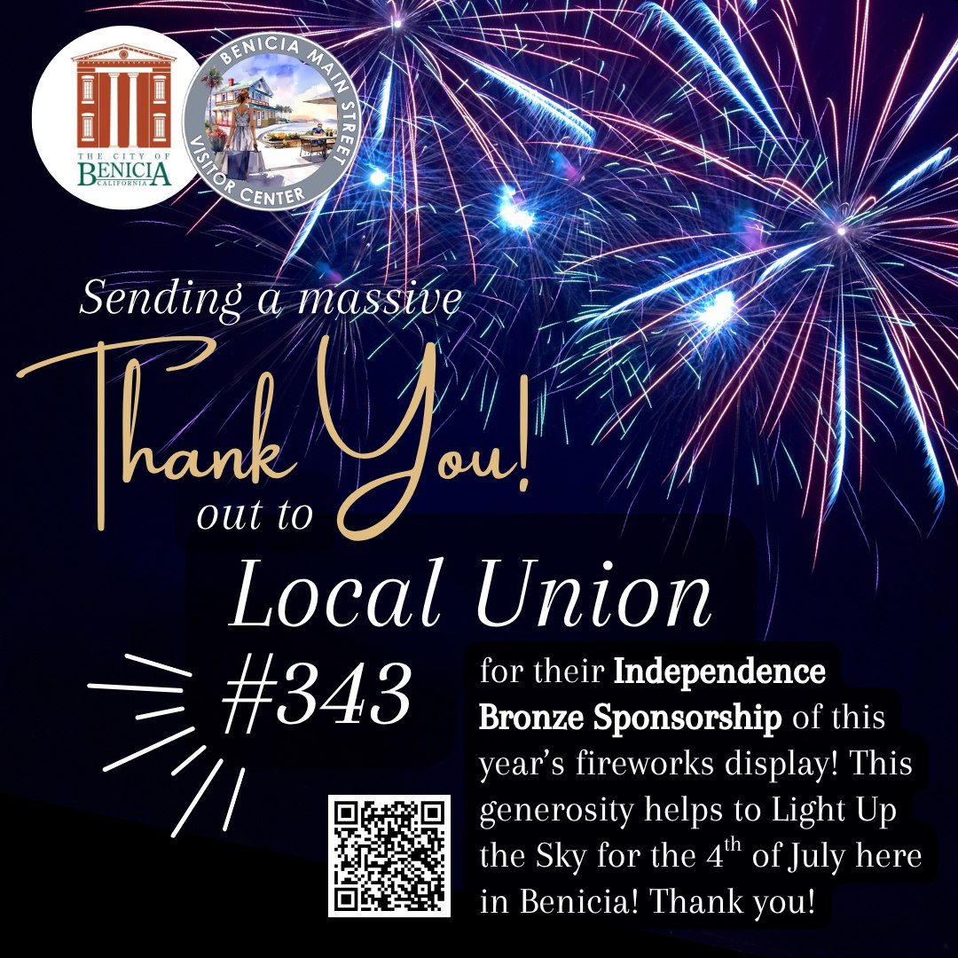 𝗛𝗲𝗹𝗽 𝗟𝗶𝗴𝗵𝘁 𝘂𝗽 𝘁𝗵𝗲 𝗦𝗸𝘆 𝘁𝗵𝗶𝘀 4𝘁𝗵 𝗼𝗳 𝗝𝘂𝗹𝘆! 🎆 Benicia, we’re raising funds right now to bring back the 2026 4𝘁𝗵 𝗼𝗳 𝗝𝘂𝗹𝘆 𝗳𝗶𝗿𝗲𝘄𝗼𝗿𝗸𝘀 𝘀𝗵𝗼𝘄—and to celebrate 250 years of American independence in a big way! 🇺🇸
- 𝗢𝗻 𝗝𝘂𝗹𝘆 3𝗿𝗱, Benicia Main Street will once again host our beloved 𝗧𝗼𝗿𝗰𝗵𝗹𝗶𝗴𝗵𝘁 𝗣𝗮𝗿𝗮𝗱𝗲.
- 𝗢𝗻 𝗝𝘂𝗹𝘆 4𝘁𝗵, with your help, we’ll fill the waterfront sky with 𝗳𝗶𝗿𝗲𝘄𝗼𝗿𝗸𝘀 for the whole community to enjoy.
𝗢𝘂𝗿 𝗴𝗼𝗮𝗹: $50,000
This covers the 𝗳𝗶𝗿𝗲𝘄𝗼𝗿𝗸𝘀 𝗱𝗶𝘀𝗽𝗹𝗮𝘆, plus essentials like 𝗰𝗹𝗲𝗮𝗻𝘂𝗽, 𝗽𝗼𝗿𝘁𝗮𝗯𝗹𝗲 𝗿𝗲𝘀𝘁𝗿𝗼𝗼𝗺𝘀, 𝗮𝗻𝗱 𝗲𝗾𝘂𝗶𝗽𝗺𝗲𝗻𝘁 𝗿𝗲𝗻𝘁𝗮𝗹𝘀.
𝗛𝗼𝘄 𝘆𝗼𝘂 𝗰𝗮𝗻 𝗵𝗲𝗹𝗽:
💳 𝗗𝗼𝗻𝗮𝘁𝗲 as an individual or business—every dollar counts.
⭐ 𝗕𝗲𝗰𝗼𝗺𝗲 𝗮 𝘀𝗽𝗼𝗻𝘀𝗼𝗿 (from $100 up to $10,000) and enjoy perks like:
- Name & logo recognition
- Parade banner visibility
- Prime-viewing seats for the fireworks
- An exclusive pre-fireworks reception
👥 𝗙𝗼𝗿𝗺 𝗮 𝗞𝗮𝗕𝗢𝗢𝗠! 𝗳𝘂𝗻𝗱𝗿𝗮𝗶𝘀𝗶𝗻𝗴 𝘁𝗲𝗮𝗺
Teams can be local businesses, community groups, neighbors, or friends & family. Raise funds, send us your best 𝗳𝘂𝗻 “𝘀𝗺𝗮𝗰𝗸 𝘁𝗮𝗹𝗸”, and we’ll share highlights on social for extra buzz!
- Top 3 teams win 𝗽𝗿𝗶𝗺𝗲-𝘃𝗶𝗲𝘄𝗶𝗻𝗴 𝘀𝗲𝗮𝘁𝘀 + 𝗽𝗿𝗲-𝗳𝗶𝗿𝗲𝘄𝗼𝗿𝗸𝘀 𝗿𝗲𝗰𝗲𝗽𝘁𝗶𝗼𝗻
🔗 𝗗𝗼𝗻𝗮𝘁𝗲 𝗼𝗿 𝗿𝗲𝗴𝗶𝘀𝘁𝗲𝗿 𝘆𝗼𝘂𝗿 𝘁𝗲𝗮𝗺 𝘁𝗼𝗱𝗮𝘆 at BeniciaMainStreet.org (under "Events") or give in person at our clear collection box:
- Benicia Main Street Visitor Center
- Benicia Certified Market, Thursdays starting April 30, 2026
𝗟𝗲𝘁’𝘀 𝗰𝗼𝗺𝗲 𝘁𝗼𝗴𝗲𝘁𝗵𝗲𝗿 𝘁𝗼 𝗹𝗶𝗴𝗵𝘁 𝘂𝗽 𝗕𝗲𝗻𝗶𝗰𝗶𝗮’𝘀 𝘀𝗸𝘆 𝗮𝗻𝗱 𝘀𝗽𝗶𝗿𝗶𝘁 for America’s 250th! ✨ Link in bio
#LightUpTheBeniciaSky #BeniciaFireworks #BeniciaCommunity
