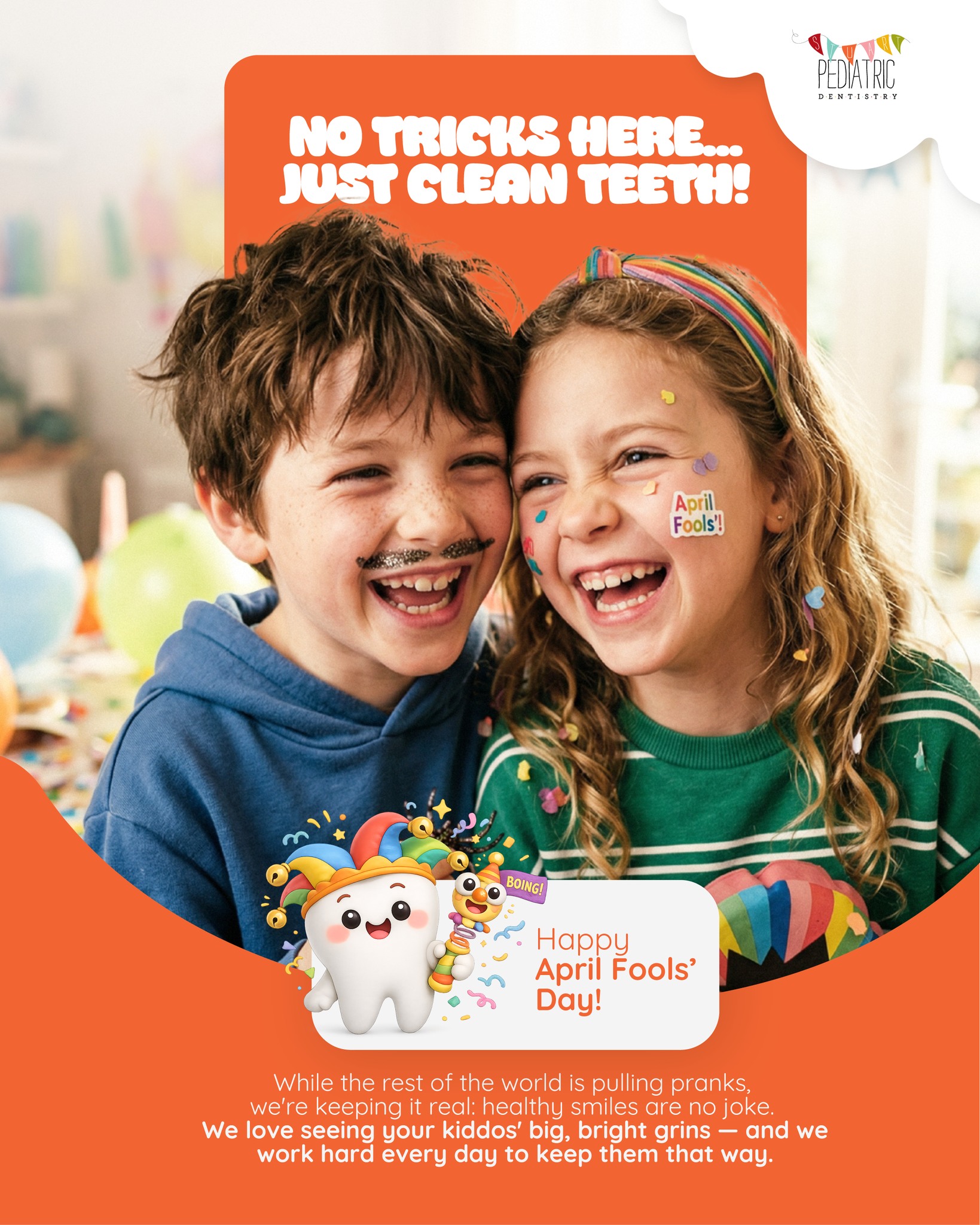 😂🦷 No tricks up our sleeves — just squeaky clean teeth!
While everyone else is pulling #AprilFools' pranks today, we're keeping it 100%: healthy smiles are serious business (even if we don't always keep a straight face about it 😄).
We love seeing your kiddos light up the room with those big, bright grins — and we work hard every single day to keep them shining. ✨
👇 Tag a parent whose kid has tried to fool THEM into skipping the dentist!
📅 Ready to book your little one's next visit? Link in bio or give us a call — we promise, no pranks at our office. Just good vibes and happy teeth. 🎉