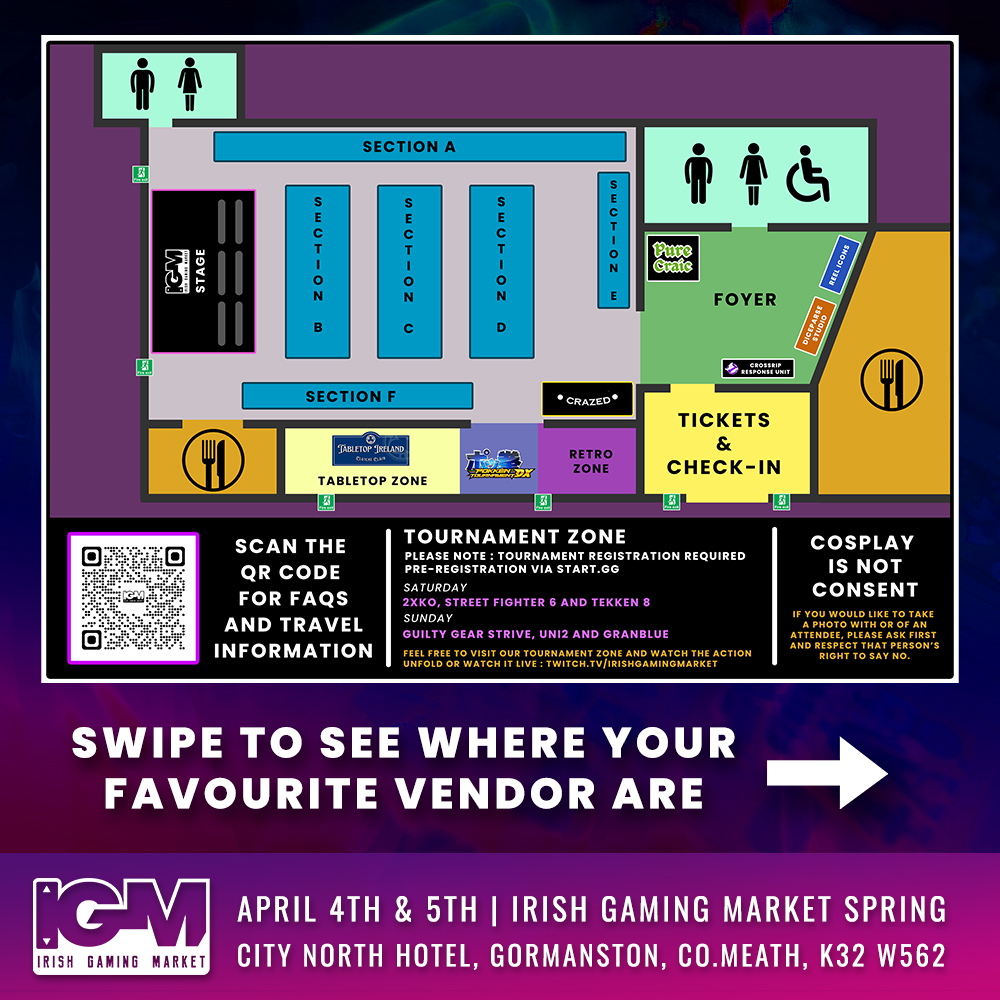 🚨Floorplan & Vendor Locations🚨
We thought we'd make it easier finding your favourite vendors! 🤖
Swipe to know what section a vendor is in! ⭐
There is also a digital version available on our website. 🏰
You'll also be able to purchase hot food at the bar located beside the stage or in the hotel restaurant! 🍛
Get Tickets Now via the link in our bio! 🔗
-------------------------------------------------
#igm #irishgamingmarket #igm2026 #igmspring #gamingevent #easter