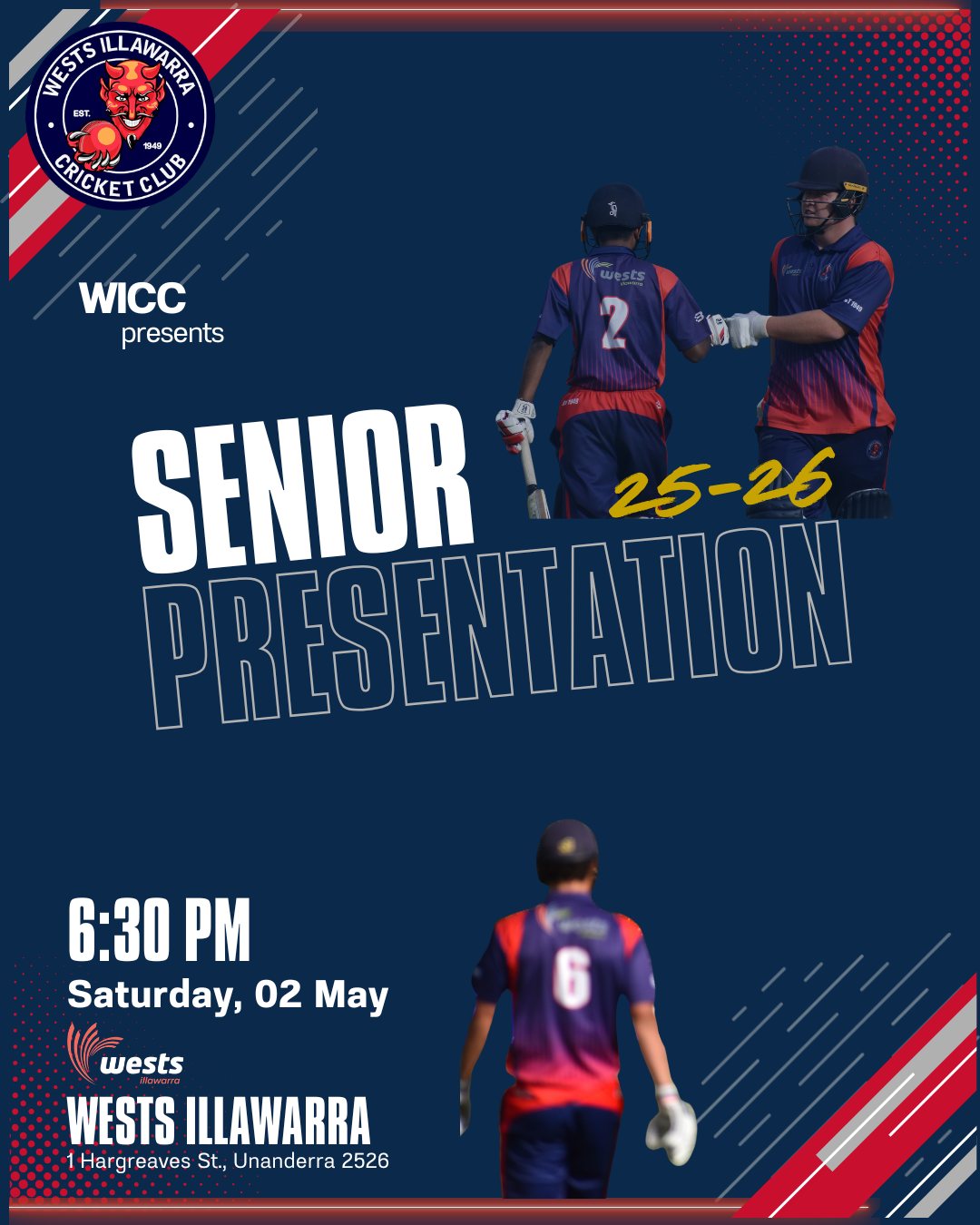 ๐ Wests Devils Senior Presentation Night ๐
Put the date in your calendar, our Senior Presentation is coming up.
๐
Date: Saturday 2 May
โฐ Time: 6:30pm
๐ Location: Wests Illawarra League Club
A night to reflect on a fantastic season, celebrate our players, and enjoy great company off the field. ๐โค๏ธ
#WestsDevils #PresentationNight #CricketSeason #ClubCelebration