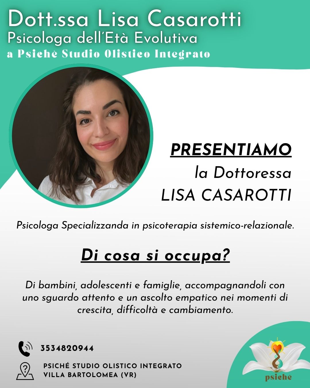 ✨ 𝙎𝙞𝙖𝙢𝙤 𝙛𝙚𝙡𝙞𝙘𝙞 𝙙𝙞 𝙖𝙘𝙘𝙤𝙜𝙡𝙞𝙚𝙧𝙚 𝙣𝙚𝙡 𝙩𝙚𝙖𝙢 𝙋𝙨𝙞𝙘𝙝𝙚́ 𝙡𝙖 𝘿𝙤𝙩𝙩.𝙨𝙨𝙖 𝙇𝙞𝙨𝙖 𝘾𝙖𝙨𝙖𝙧𝙤𝙩𝙩𝙞 ✨
Psicologa specializzanda in psicoterapia sistemico-relazionale, Lisa entra a far parte del nostro spazio portando competenza, sensibilità e uno sguardo attento rivolto principalmente a bambini, adolescenti e famiglie.
🌿 Di cosa si occupa?
Accompagna bambini, ragazzi e genitori nei momenti di crescita, difficoltà e cambiamento, offrendo un ascolto empatico e uno spazio sicuro in cui sentirsi accolti.
👶 Bambini in età prescolare e scolare
Supporta i più piccoli, anche con bisogni specifici (DSA, ADHD…), in un percorso che li aiuta a:
• riconoscere e dare un nome alle emozioni
• imparare a gestirle
• accogliere e affrontare la frustrazione
• sentirsi più sicuri nelle relazioni con gli altri
🌱 Preadolescenti e adolescenti
Offre uno spazio dedicato ai ragazzi, in cui poter:
• esplorare chi sono e chi stanno diventando
• rispondere a domande come “chi sono?”, “come mi vedo?”, “come mi vedono gli altri?”
• dare un senso a ciò che provano
• riconoscersi nello sguardo degli altri, rimanendo autentici
Un nuovo tassello che arricchisce il nostro lavoro di squadra, per prenderci cura della persona a 360°. 🤍
📩 Se sei un genitore e senti il bisogno di un supporto per tuo figlio, scrivici per per maggiori informazioni..
o per prenota un consulto
al numero 3534820944
o alla mail psiche.studioolisticointegrato@gmail.com