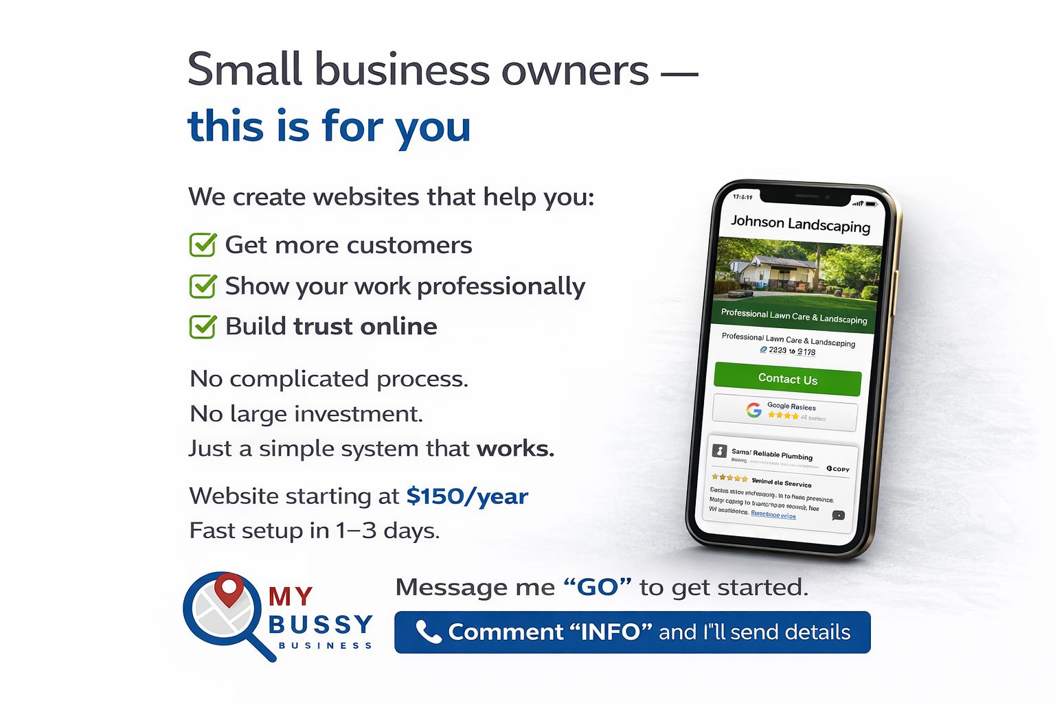 Small business owners — this is for you
We create websites that help you:
Get more customers
Show your work professionally
Build trust online
No complicated process.
No large investment.
Just a simple system that works.
Website starting at $150 per year.
Fast setup in 1–3 days.
Let’s get your business online today.
Message me “GO” to get started.
Powered by MyBusyBusiness
One Click Website Designers LLC
516-779-0966
www.oneclickwebsitedesigners.com
#smallbusiness #webdesign #digitalmarketing #localbusiness #businessgrowth #leadgeneration #entrepreneur #growyourbusiness #website #onlinepresence #marketingstrategy #longislandbusiness #nassaubusiness #servicebusiness #smallbizowner