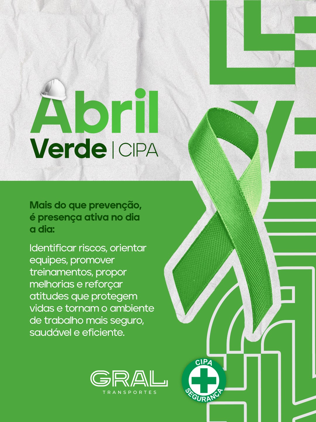 Abril Verde é sobre atitude no dia a dia.
A CIPA está presente identificando riscos, orientando equipes, promovendo treinamentos e propondo melhorias que fazem a diferença na rotina de trabalho.
Na Transportes Gral, segurança e saúde não ficam no discurso, são práticas constantes que protegem vidas e fortalecem um ambiente mais seguro, saudável e eficiente.