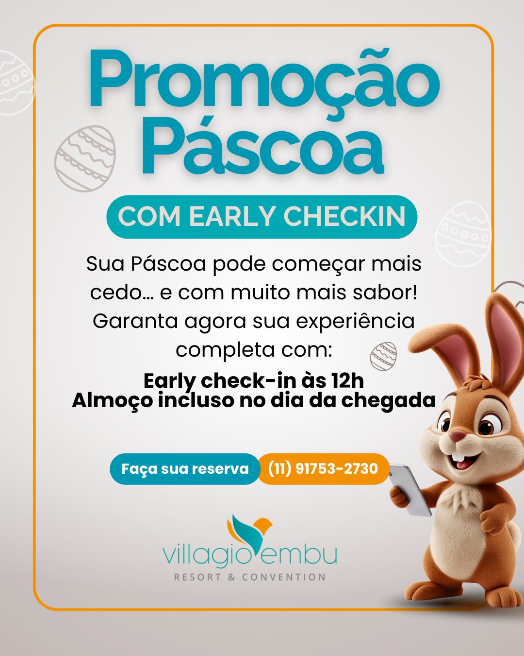 🐰✨ PROMOÇAO ESPECIAL DE PÁSCOA NO VILLAGIO EMBU ✨🐰
Sua Páscoa pode começar mais cedo… e com muito mais sabor!
🌿 Garanta agora sua experiência completa com:
✔️ Early check-in às 12h
✔️ Almoço incluso no dia da chegada
✔️ Programação temática de Páscoa para toda a família
🍫 Prepare-se para viver momentos inesquecíveis com:
* Caça aos ovos
* Oficinas de chocolate
* Recreação para crianças e adultos
* Atrações especiais
* Gastronomia completa durante o feriado
💦 Tudo isso em um resort cercado pela natureza, com lazer completo, conforto e diversão para todas as idades.
⏳ Vagas limitadas para o feriado mais procurado do ano!
📲 Ainda dá tempo de fazer sua reserva!
#PascoaNoVillagio #VillagioEmbu #FeriadoDePascoa #ResortSP #ViagemEmFamilia #AindaDaTempo #Pascoa2026 #LazerEmFamilia #ExperienciasIncriveis