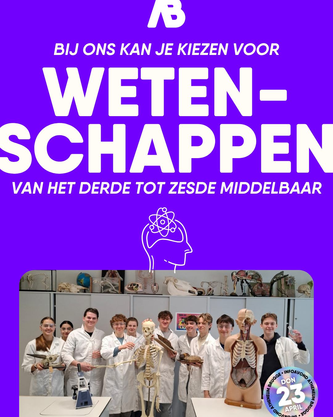Alle bunsenbranders en erlenmeyers nog aan toe! Als optie kan je in onze school kiezen voor een wetenschappelijk pakket, van het derde tot en met het zesde jaar. En wetenschappen zien we breed: van labo's over informatica tot sport! Ook onze richting Sportwetenschappen kan je vanaf september 2026 in het vierde jaar volgen.
—
Ontdek alle mogelijkheden op atheneumbrugge.be en schrijf je meteen in voor onze infoavond op donderdag 23 april!
—
#ikbeneenatheneeër #fieroponsgo #atheneumbrugge #impact