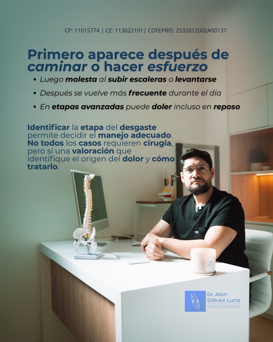 El desgaste de rodilla no aparece de un día para otro.
Generalmente comienza con molestias después de caminar o hacer esfuerzo y con el tiempo puede limitar actividades cotidianas como subir escaleras o levantarse.
Detectar la fase del desgaste permite elegir el manejo adecuado para cada caso.
🦵 El dolor al caminar o al levantarte puede ser una señal temprana de desgaste articular.
Dr. Alan Valente Gálvez Luna
⚕️Especialista en Medicina del Dolor y Algología
📍 Plaza Cititower, Guadalajara, Jalisco
📍 Cráter 10, Guadalupe, Zacatecas
📍 Hospital San Antonio del lago de Chapala, Jalisco
Reserva tu cita →
📞 Guadalajara: 33 4675 6141
📞 Chapala: 33 4675 6141
📞 Zacatecas: 492 264 8689
UNIVERSIDAD AUTÓNOMA DE GUADALAJARA| UAG
CP: 11015774| CE: 13022191| COFEPRIS Santa Fe: 2532012002A00137
COFEPRIS GDL Instituto ION: 2514102002A00839