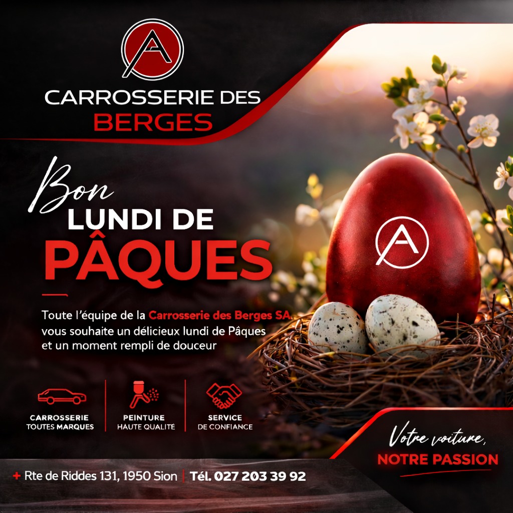 🐣 Toute l’équipe de Carrosserie des Berges SA vous souhaite un excellent lundi de Pâques !
Profitez de cette journée pour vous ressourcer, partager de beaux moments avec vos proches et prendre la route en toute sérénité 🚗.
Besoin d’une carrosserie de confiance ? Notre équipe est là pour vous 🚗✨
📍 Rte de Riddes 131, 1950 Sion
📞 027 203 39 92
#bergession #carrosserie #sion #valais #réparationauto #peintureauto #pâques