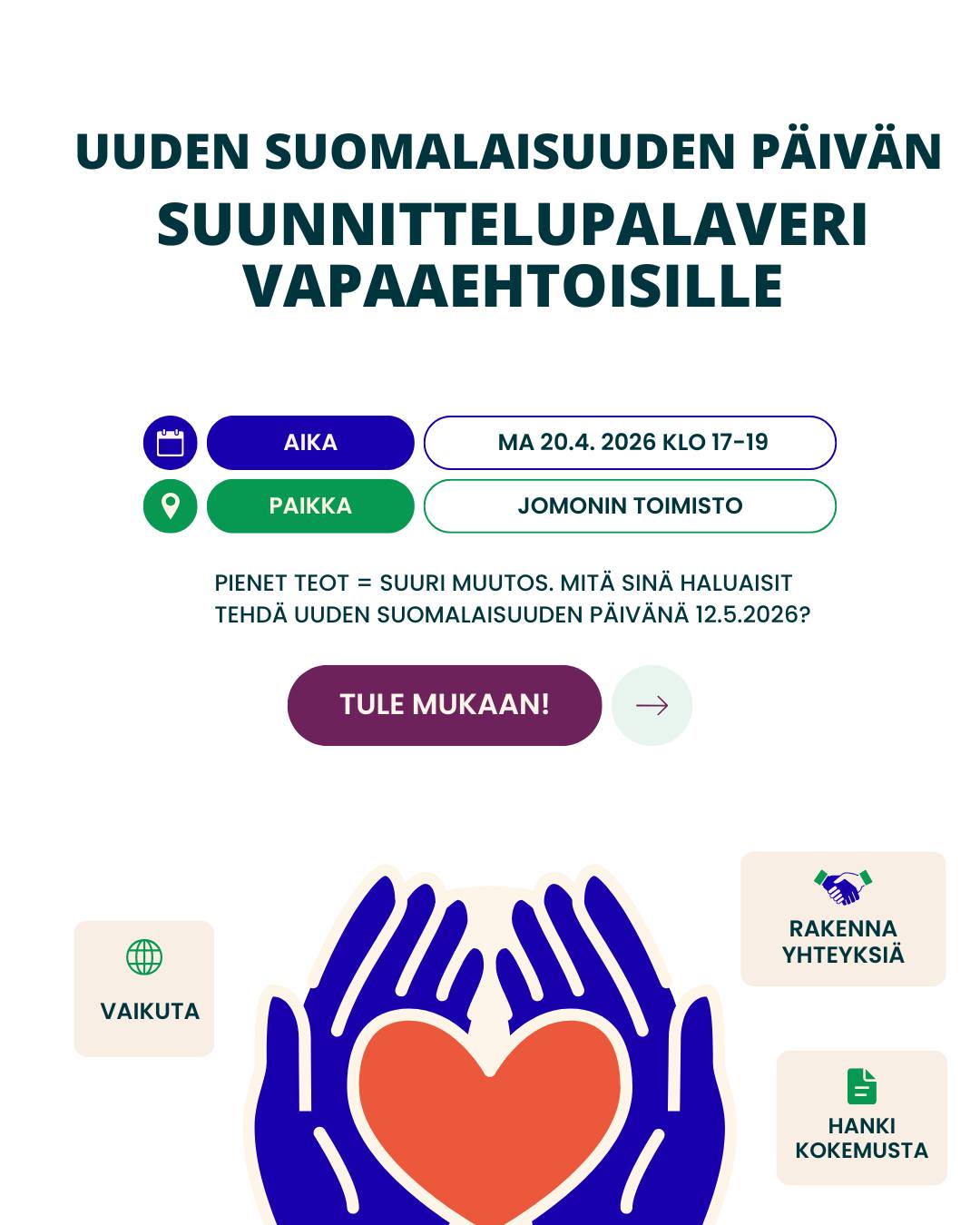 🇷🇺 In English and Russian below
Haluatko vaikuttaa ja tehdä hyvää yhdessä muiden kanssa? ⭐
Tule vapaaehtoisten suunnitteluiltaan maanantaina 20.4. klo 17–19 Jomonin toimistolle. Tapaamisessa suunnittelemme vapaaehtoistehtäviä Uuden suomalaisuuden päivään (12.5.2026 klo 10–14).
Tapahtuma järjestetään suomeksi sekä tarpeen mukaan englanniksi, venäjäksi, ruotsiksi/norjaksi ja vepsäksi.
Illassa
• jaamme ideoita
• suunnittelemme toimintaa
• tutustumme toisiimme
• pidämme rennon ja mukavan hetken yhdessä.
Miksi liittyä osaksi Uuden suomalaisuuden päivää?
• Voit rakentaa yhteyksiä ja yhteisöllisyyttä. 🤝
• Kehität osaamistasi ja opit uutta. 💡
• Koet iloa siitä, että teet jotain merkityksellistä. ❤️
Aikaisempaa kokemusta ei tarvita. Mitä siis odotat? Tuo esille osaamisesi Jomonin vapaaehtoisena ja tule mukaan! 🌍✨
📍 Paikka: Torikatu 9A, Joensuu (Jomonin toimisto)
🕔 Aika: maanantai 20.4. klo 17–19
👉 Ei ennakkoilmoittautumista - tule vain paikalle!
Would you like to make a difference and do good together with others? ⭐
Join us for a volunteer planning session on Monday, April 20, from 5:00 to 7:00 p.m. at the Jomoni office. At the meeting, we’ll plan volunteer activities for New Finnishness Day (May 12, 2026, 10 a.m.–2 p.m.).
The event will be held in Finnish and as needed, in English, Russian, Swedish/Norwegian, and Veps.
During the evening
• we’ll share ideas
• we’ll plan activities
• we’ll get to know each other
• we’ll enjoy a relaxed and pleasant time together.
Why join New Finnishness Day?
• You can build connections and a sense of community. 🤝
• You’ll develop your skills and learn new things. 💡
• You’ll experience the joy of doing something meaningful. ❤️
No prior experience is needed. So what are you waiting for? Put your skills to use as a Jomoni volunteer and join us! 🌍✨
📍 Location: Torikatu 9A, Joensuu (Jomoni office)
🕔 Time: Monday, April 20, 5:00–7:00 PM
👉 No pre-registration required - just show up!
#vapaaehtoiset #vapaaehtoistyö #volunteering #jomoni #uudensuomalaisuudenpäivä