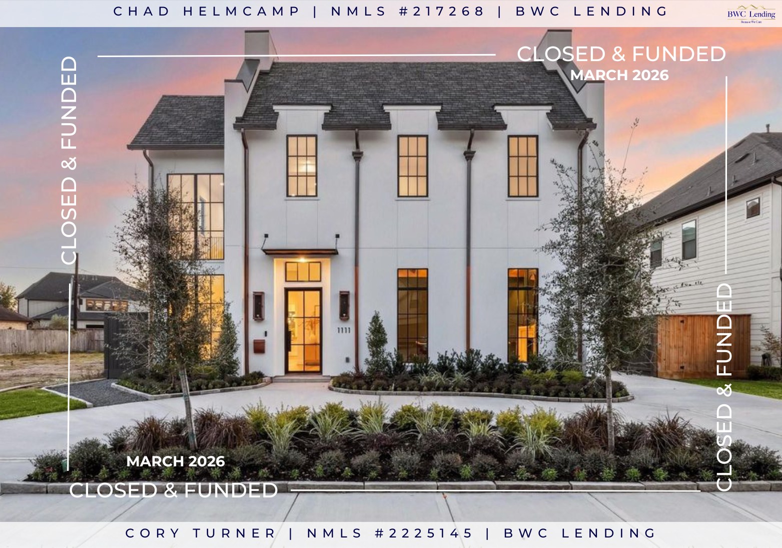 🌟CLOSED IN MARCH🌟
Thank you and congratulations to all our AMAZING clients and realtors! We appreciate you all trusting us 🥰 it means the world to us!
We are so grateful and honored to have been able to help 16 families buy a home in March 🫶
If you’re ready to buy this month or next, give us a call!!
Chad Helmcamp, NMLS #217268
📱: 832-252-9175
✉️: chad.helmcamp@bwclending.com
Cory Turner, NMLS #2225145
📱: 832-476-0967
✉️: cory.turner@bwclending.com
Equal Housing Opportunity Lender
NMLS #1823206, BWC Lending LLC.
1616 S Voss Rd, STE 650, Houston, TX 77057
#closing #congratsonyourhome #newhome #movingin #springtimeclosings #houstonhome #txhome #htx #texas #fyp