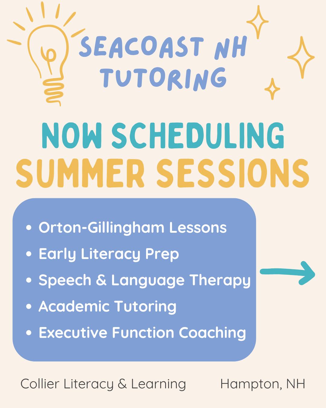 Weāre now scheduling summer 2026 sessions! We offer 1:1 sessions Monday-Saturday in our office in Hampton, NH.
Collier Literacy & Learning specializes in supporting children with dyslexia and language-based learning differences from Pre-K through high school through:
Orton-Gillingham Lessons
Early Literacy Kindergarten Prep
Speech-Language Therapy
Executive Function Coaching
Reading & Writing Tutoring
If youāre looking for summer tutoring or want to learn more about how we can work together to support your childās education:
Give us a call at 978-225-3327
E-mail us at info@collierliteracy.com
Book online at collierliteracy.com
#ortongillingham #scienceofreading #seacoastnh #learningdisabilities
