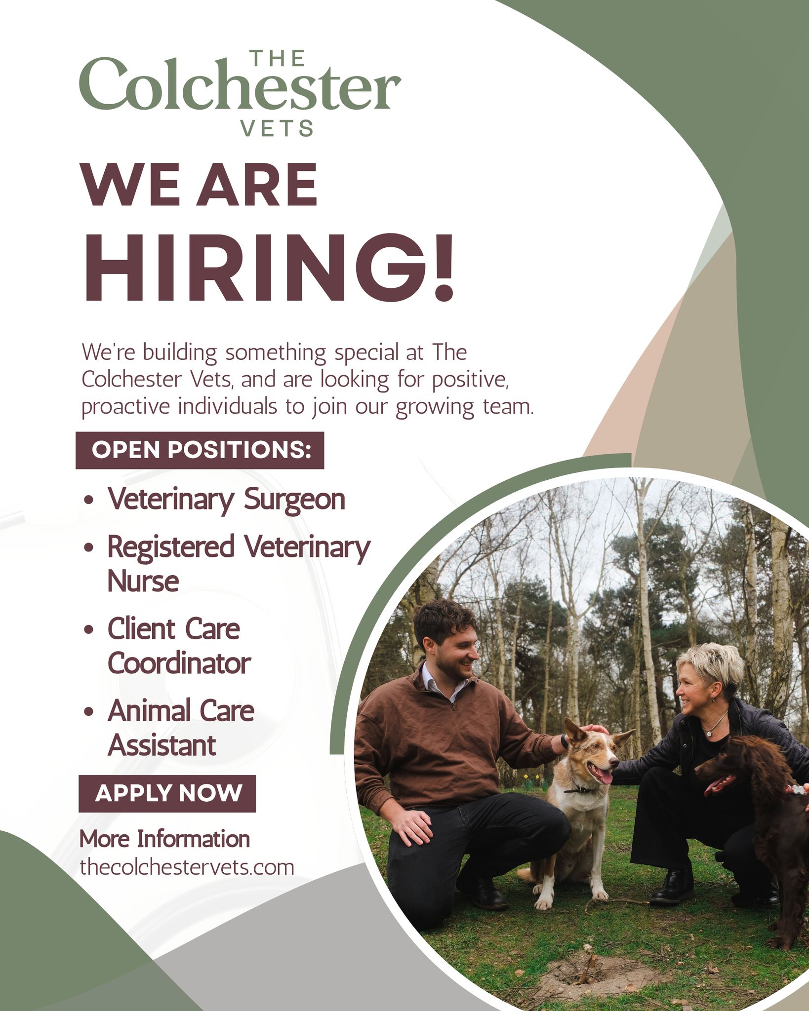 We’re recruiting at The Colchester Vets.
We’re building something special and are looking for positive, proactive people to join our growing team.
If you’re passionate about animal care, take pride in your work, and want to develop in a fun, supportive, forward-thinking environment, we’d love to hear from you.
Current vacancies:
• Vets
• RVNs
• ACAs
• Client Care Coordinators
Come and be part of a team committed to excellence, compassion, and making a real difference every day.
To apply, please visit our website.
