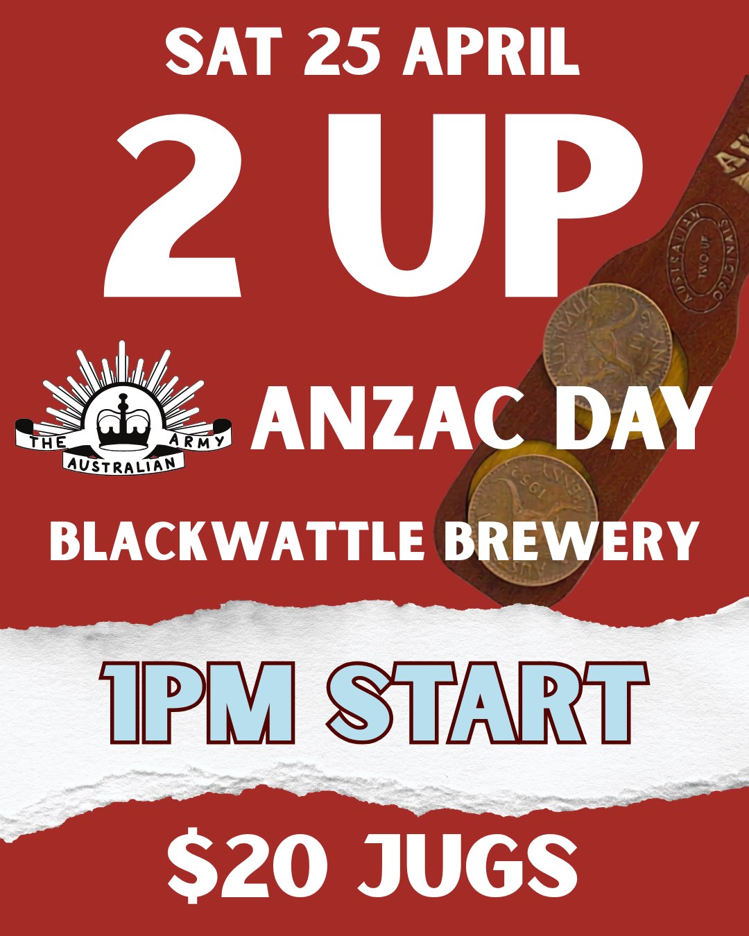 Yet again I am here to tell you, This April 25th, we’re keeping the tradition alive. Get ready for an afternoon of community and respect, kicking off with the age-old game of Two-up from 1 PM. Let’s gather round, catch up, and remember together.
We’ve got $20 jugs running, so there’s plenty to go around. Gather your mates and make it a memorable day at your local.
Swipe to see what's happening and tag someone you're challenging to a game!
We can't wait to see you there.
#brewery #sydneybrewery #beer #alexandria #breweryalexandria #breweryaustralia #independentbrewer #localbrewery #pub #alexandriapub #sydney #sydnepub #sydneybeer #beer #localbeer #livemusicsydney #livemusic #AnzacDay #AnzacDay2024 #TwoUp #LestWeForget