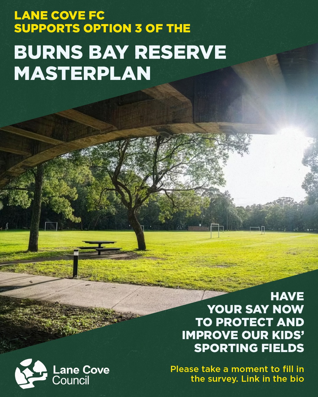 BURNS BAY MASTERPLAN SURVEY.
We are asking all our members to have their say on the plan for Burns Bay Reserve, home to our MiniRoos Girls and important for all young players.
We all know the ground needs improvements, both to the sporting fields and its surrounds, so please don't miss the chance to speak up for our kids.
Council needs to hear that the health of our kids requires great sporting facilities.
Link in the bio.
🔵🟡⚽️💪🟡🔵
#AnyOneCanPlay #LaneCoveFC
#LaneCove #inthecove #NSFA #footballnsw #footballaustralia #football #soccer #footballislife #footballculture #footballlife #burnsbayreserve #lanecovecouncil