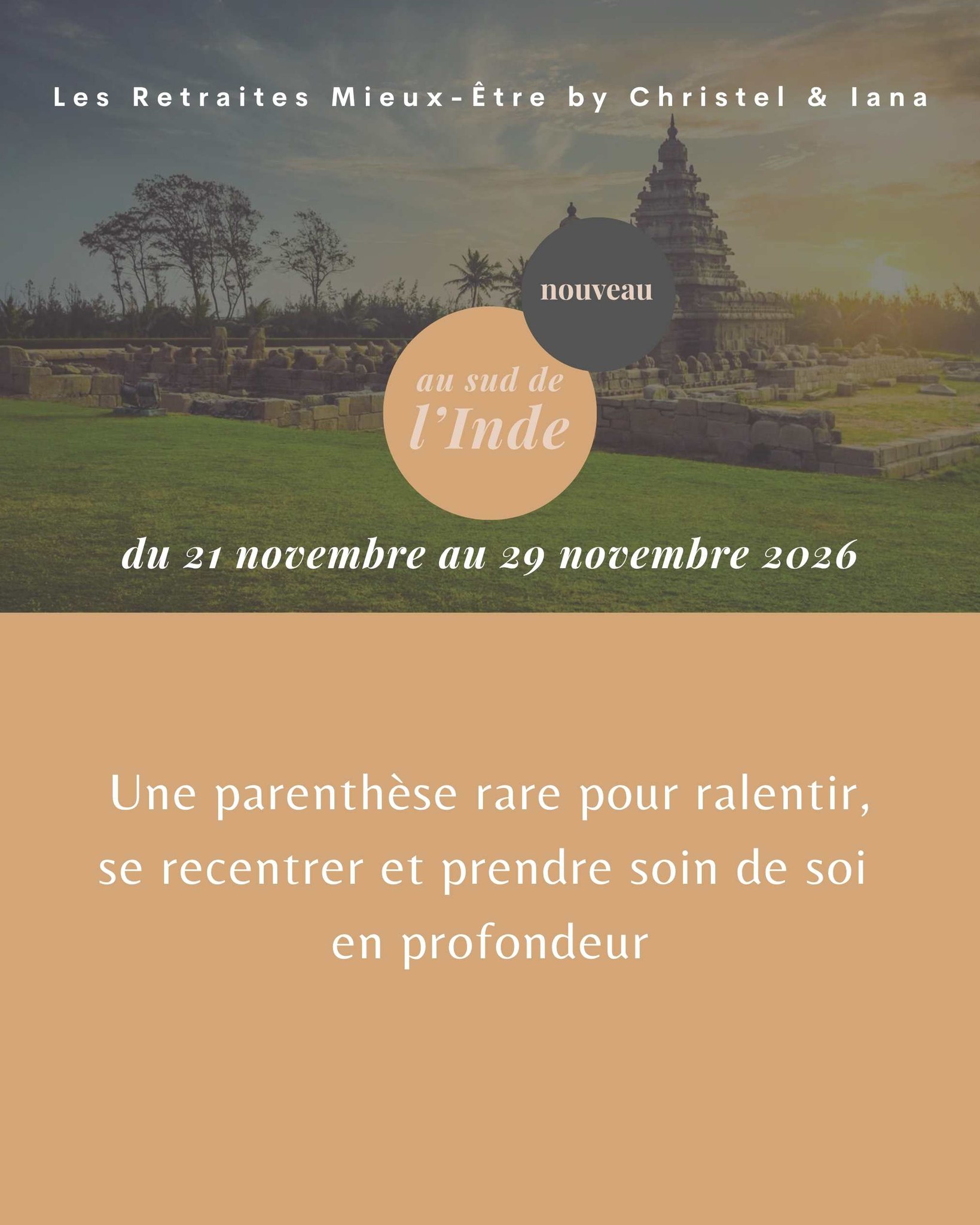 Les Retraites mieux-être by Christel & Iana :
en novembre prochain, nous ouvrirons une parenthèse particulière.
Il y a ce que l’on fait au quotidien.
Et puis il y a ce que l’on s’accorde… rarement.
Prendre vraiment soin de soi en fait souvent partie.
Direction le sud de l’Inde, à Kovalam, dans un lieu posé entre mer et végétation, à l’écart du bruit, du rythme… et du superflu.
Un endroit où tout ralentit naturellement.
Pendant quelques jours, vous serez plongé.e dans une cure ayurvédique complète, pensée pour vous dans les moindres détails : soins quotidiens, consultations personnalisées, alimentation adaptée, pratiques de yoga et de méditation, groupe de parole pour déposer vos ressentis.
Prendre soin. Se reposer. Respirer. Se baigner. Revenir à l’essentiel.
Ce voyage ne s’adresse pas à tous. Mais à celles et ceux pour qui le moment est venu.
Les inscriptions sont ouvertes dès maintenant.
Ce type de séjour se prépare… autant intérieurement que concrètement.
👉 Offre confidentielle Early booking :
- 200 € sur cette expérience jusqu’à fin avril 2026.
🗓️ Votre réservation dès maintenant sur EVOLEOZ.FR
Découvrez toutes les informations sur la brochure à télécharger sur notre site.
@christel.blr @_byiana