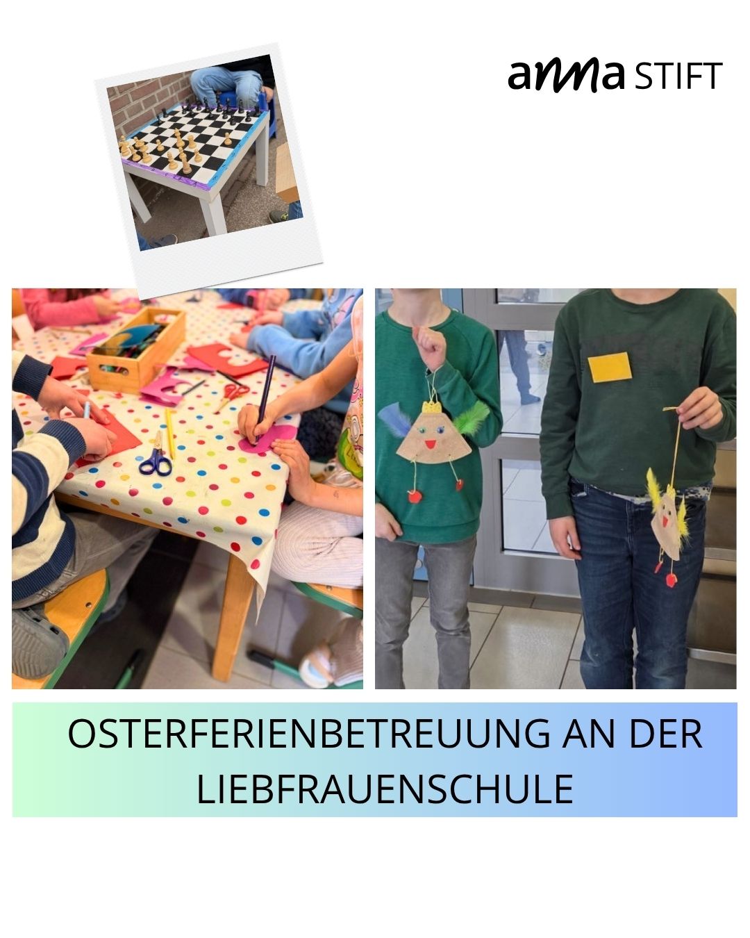 Kreativ sein und gemeinsam knobeln ♟️🐣
In unserer Osterferienbetreuung wurde nicht nur gebastelt, sondern auch konzentriert gespielt: Beim Schach konnten die Kinder strategisch denken, vorausplanen und sich gegenseitig herausfordern.
Daneben wurde es bunt und kreativ – mit viel Liebe zum Detail sind kleine Osterküken und fröhliche Karten entstanden. 🎨💌
Diese Mischung aus Ruhe, Konzentration und Kreativität schafft wertvolle Ausgleichsmomente und stärkt die Kinder in ihren individuellen Fähigkeiten.
So entstehen ganz nebenbei neue Ideen, Stolz auf das eigene Tun und echte Gemeinschaft.
#Ferienbetreuung #Kreativität #Schach #Kinderstärken #Ostern