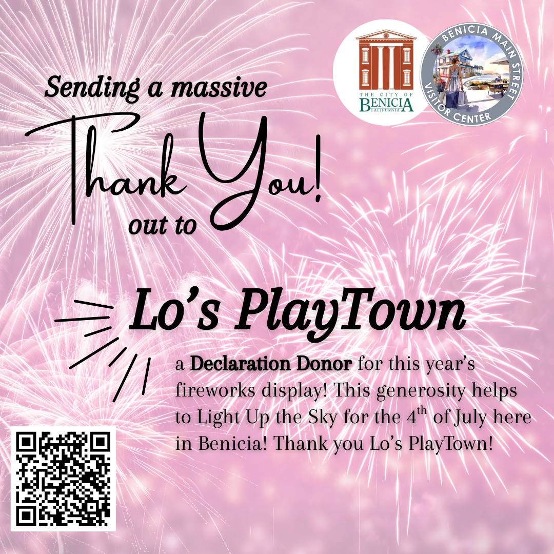 Help LIGHT UP THE SKY this 4th of July! 🎆 Benicia, we’re raising funds right now to bring back the 2026 4th of July fireworks show—and to celebrate 250 years of American independence in a big way! 🇺🇸
- On July 3rd, Benicia Main Street will once again host our beloved Torchlight Parade.
- On July 4th, with your help, we’ll fill the waterfront sky with fireworks for the whole community to enjoy.
Our goal: $50,000
This covers the fireworks display, plus essentials like cleanup, portable restrooms, and equipment rentals.
HOW YOU CAN HELP:
💳 Donate as an individual or business—every dollar counts.
⭐ Become a Sponsor (from $100 up to $10,000) and enjoy perks like:
- Name & logo recognition
- Parade banner visibility
- Prime-viewing seats for the fireworks
- An exclusive pre-fireworks reception
👥 OR Form a KaBOOM! Fundraising Team
Teams can be local businesses, community groups, neighbors, or friends & family. Raise funds, send us your best 𝗳𝘂𝗻 “𝘀𝗺𝗮𝗰𝗸 𝘁𝗮𝗹𝗸”, and we’ll share highlights on social for extra buzz!
- Top 3 teams win PRIME-VIEWING SEATS + PRE-FIREWORKS RECEPTION
🔗 DONATE OR REGISTER YOUR TEAM TODAY at BeniciaMainStreet.org (under "Events") or give in person at our clear collection box:
- Benicia Main Street Visitor Center
- Benicia Certified Market, Thursdays starting April 30, 2026
Let's come together to light up Benicia's sky & spirit for America’s 250th! ✨ Link in bio
#LightUpTheBeniciaSky #BeniciaFireworks #beniciacommunity
@lo_playtown