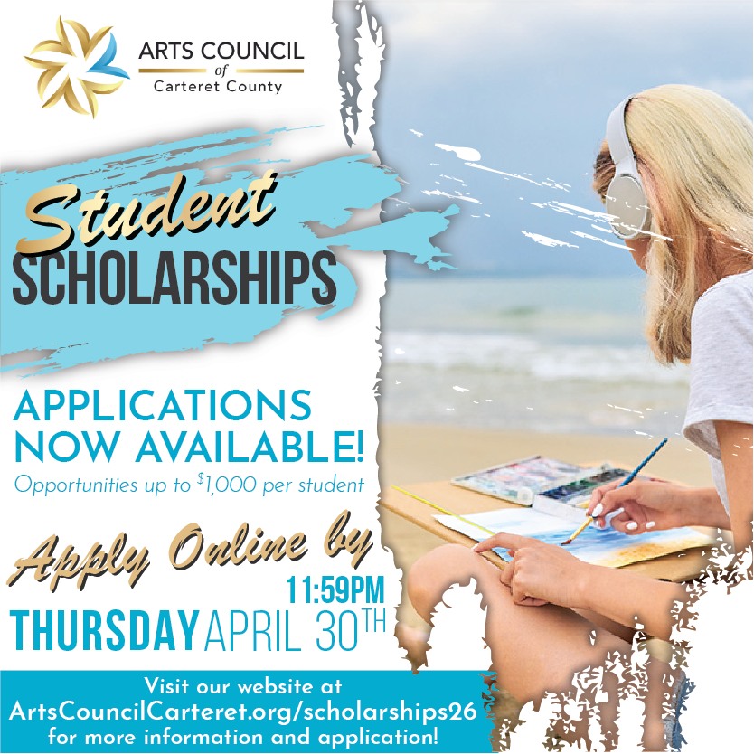 📣 ATTENTION STUDENTS! The Arts Council of Carteret County (ACCC) offers scholarship opportunities of up to $1,000 per student to provide tuition assistance to students pursuing degrees in the arts at the college level (two- or four-year program) or the North Carolina School of the Arts. These are one-time (non-renewable) scholarships 🧑🎓🧑🎨
The upcoming deadline for applications to be dropped off at ACCC is next Thursday, April 30.
Full scholarship info, applications, and deadline dates can be found at ArtsCouncilCarteret.org/scholarships26
Direct link to application: https://docs.google.com/forms/d/e/1FAIpQLSc_Y1SpDwRNlEaJjQM-opWRYkAh2JDpi8HeD6uI3TK6E_2NEQ/viewform?usp=publish-editor
#artintheschools #artscholarships #studentscholarships #carteretcountyarts #carteretcountyscholarships